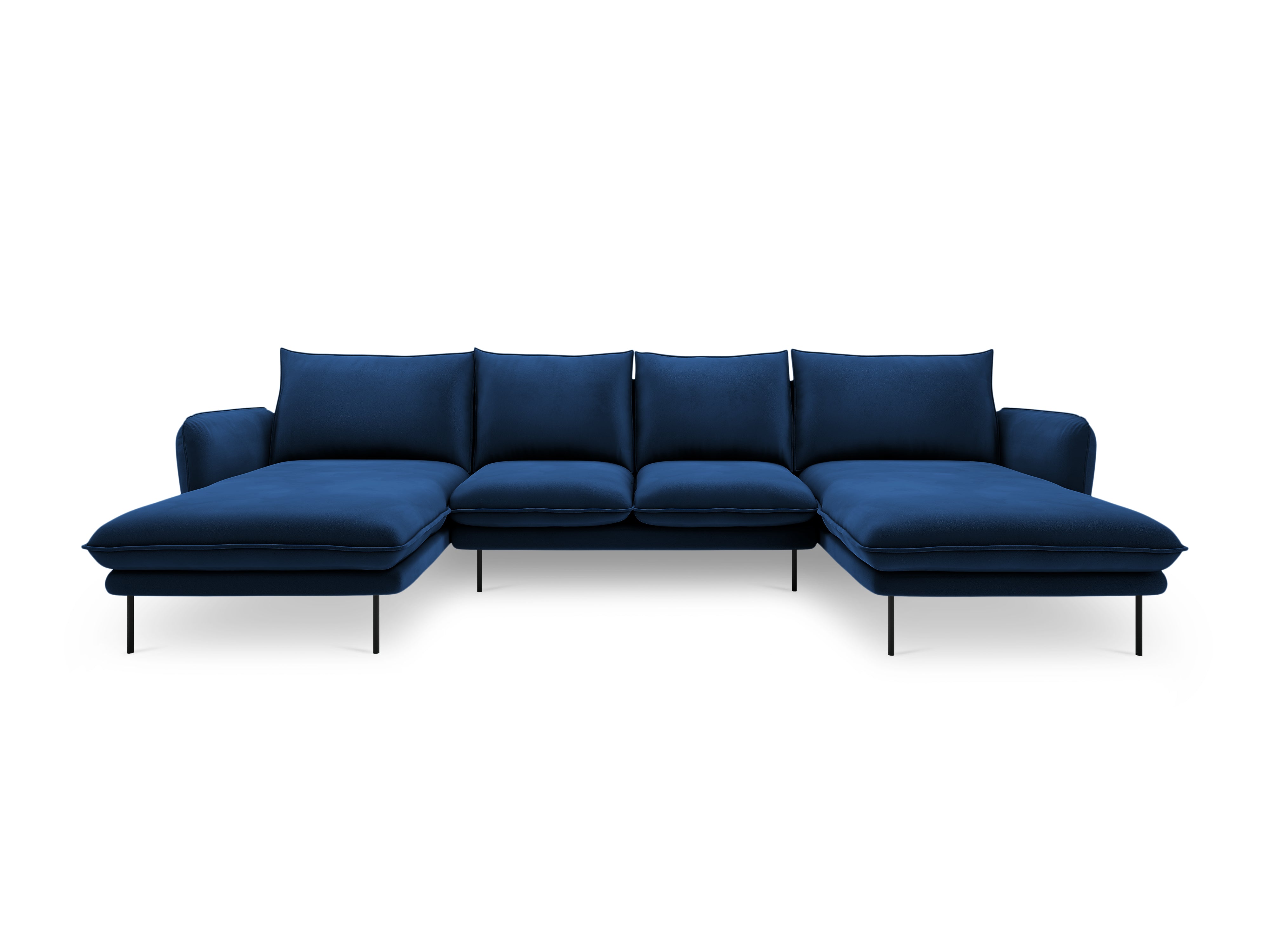 Sofa panoramisch samtig für 6 Personen VIENNA königsblau mit schwarzem Gestell