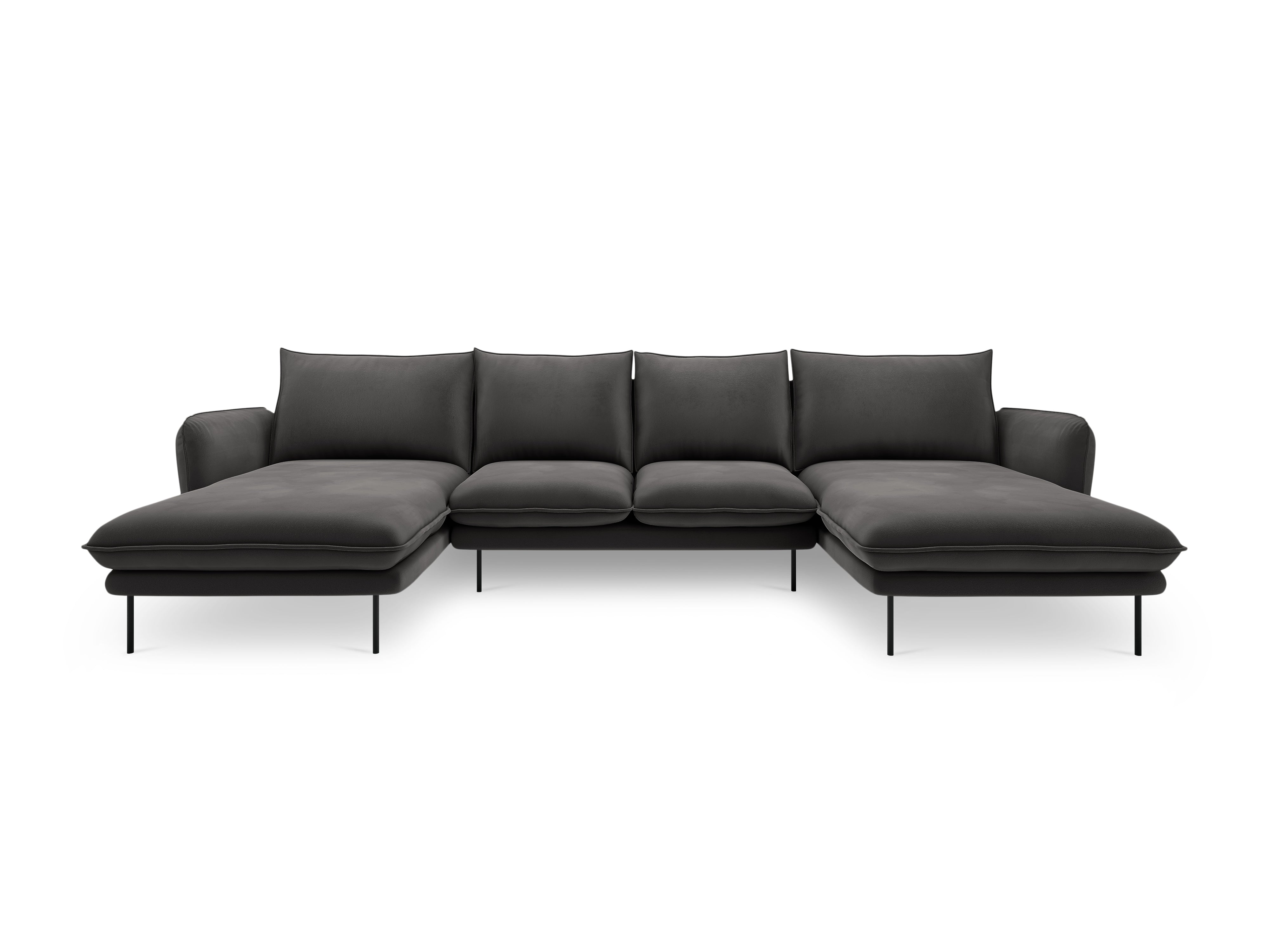 Sofa panoramisch samtig für 6 Personen VIENNA dunkelgrau mit schwarzem Fuß