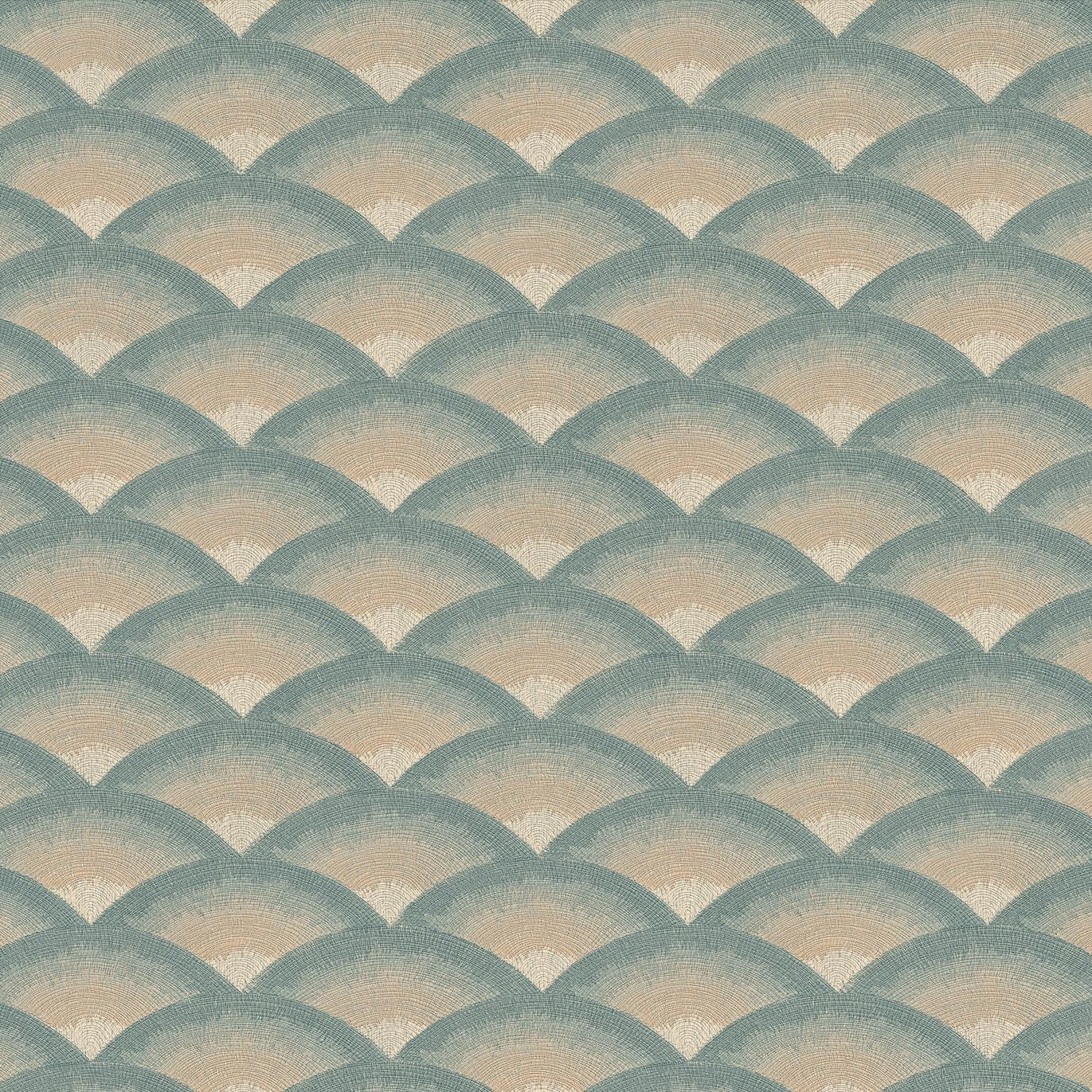 Strukturierte Tapete, die geometrische Stickerei in Wellen imitiert NAMI - CÉLADON/LIN salbeigrün mit Beige