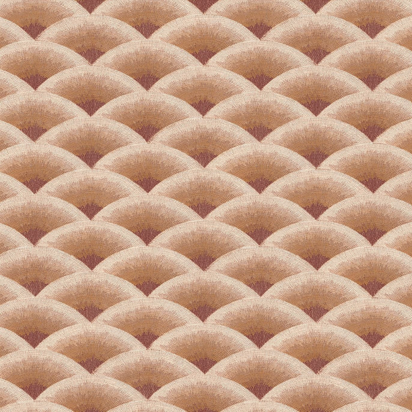 Structural wallpaper imitating geometric embroidery in wave pattern NAMI - BORDEAUX/AMBRE burgundy with beige
