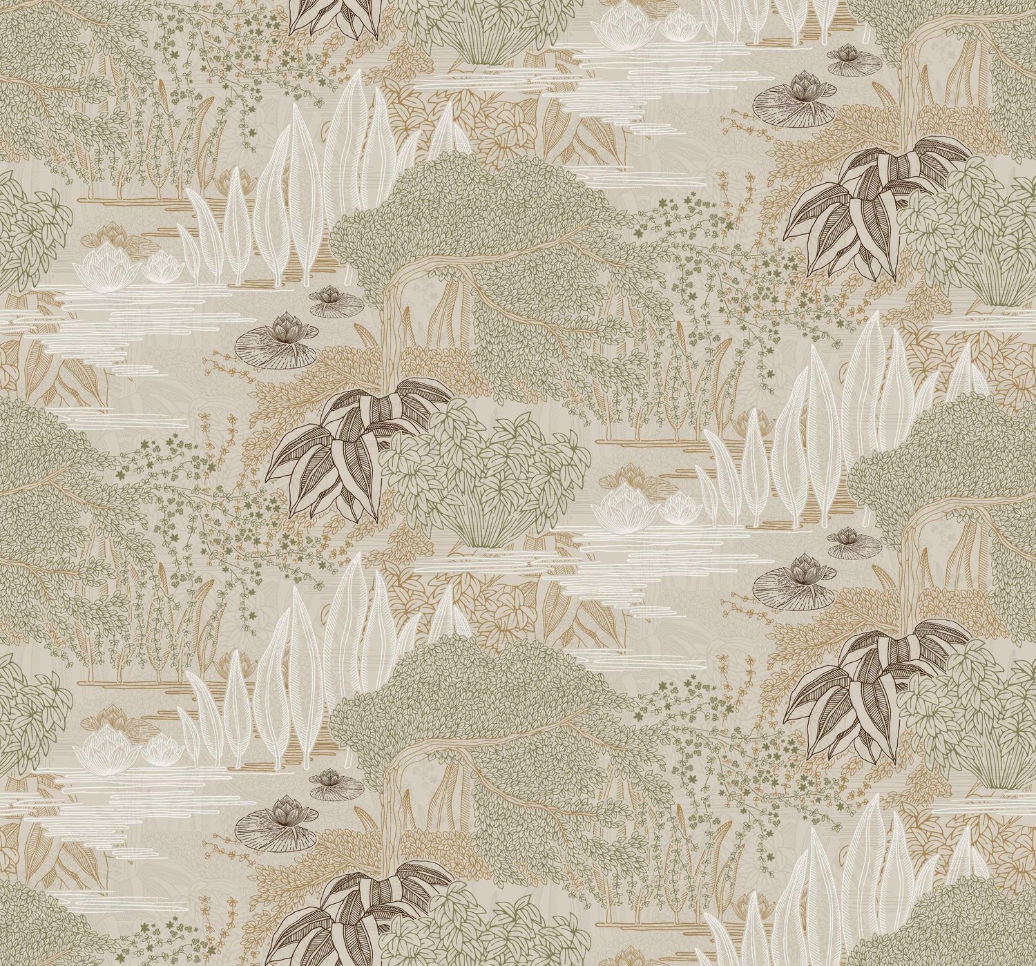 Tapete mit Pflanzenlandschaft des Wassergartens JASMIN - GREGE/VERT ARGILE gedämpftes Beige mit Grün