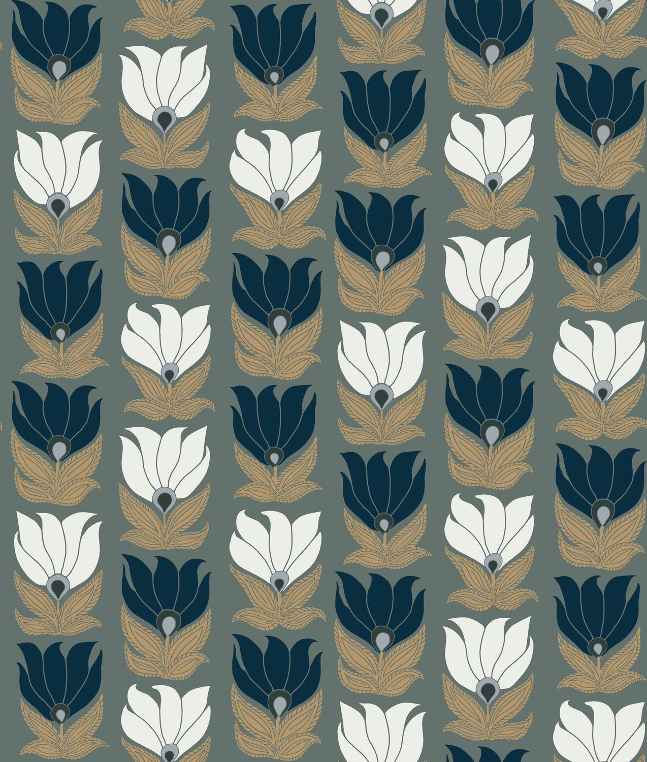 Tapete mit pflanzlichem Blumenmotiv DAUPHINE - VERT DE GRIS/DORE grün mit Gold und Blau