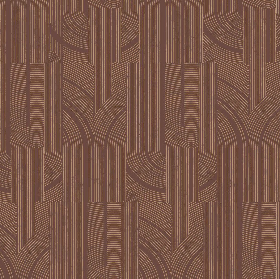 Metallic wallpaper with a geometric striped pattern PORTE DORÉE - WINE RED/GOLD brown with gold
