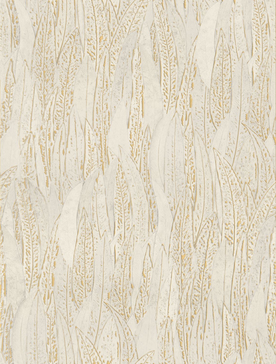 Metallic wallpaper with a eucalyptus leaf plant motif CINEREA - IVORY/GOLD ivory with gold
