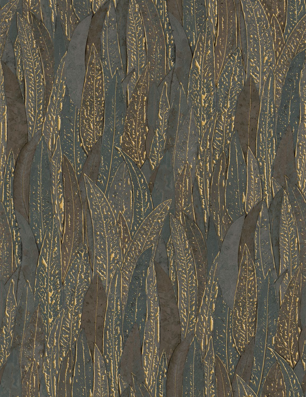 Metallic wallpaper with a eucalyptus leaf plant motif CINEREA - ANTHRACITE/DORÉ anthracite with gold