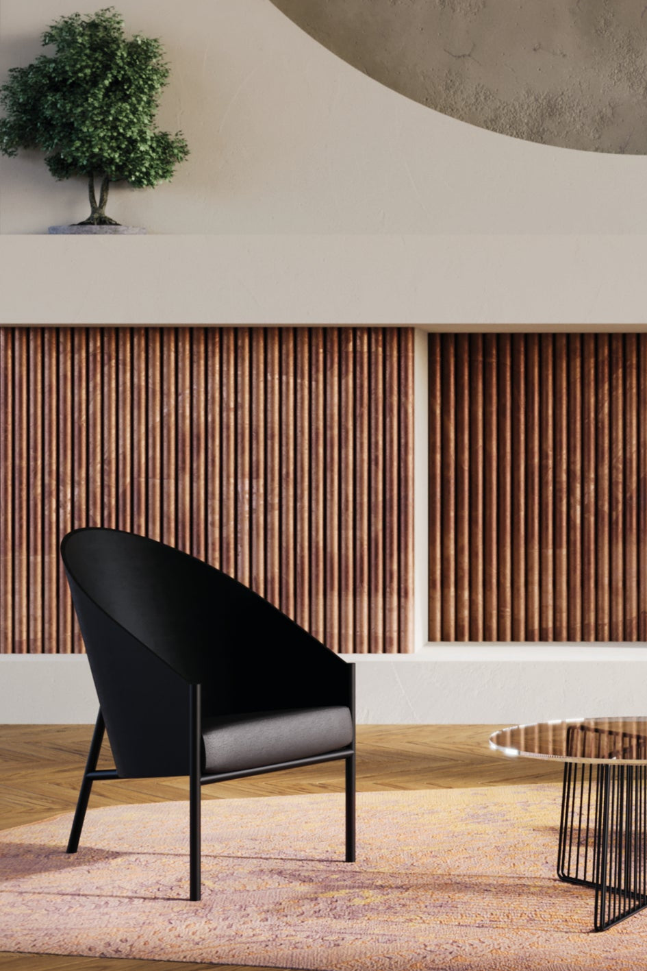 Pratfall Sessel schwarzes Leder mit einer Stahlbasis