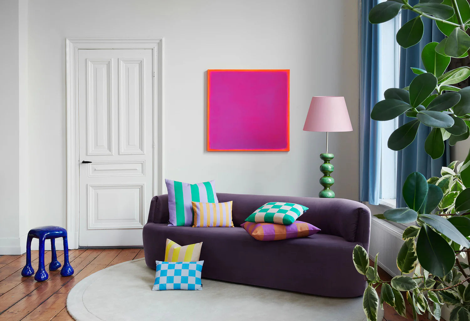 Kissen STRIPES AND CHECKS orange mit grünem Muster