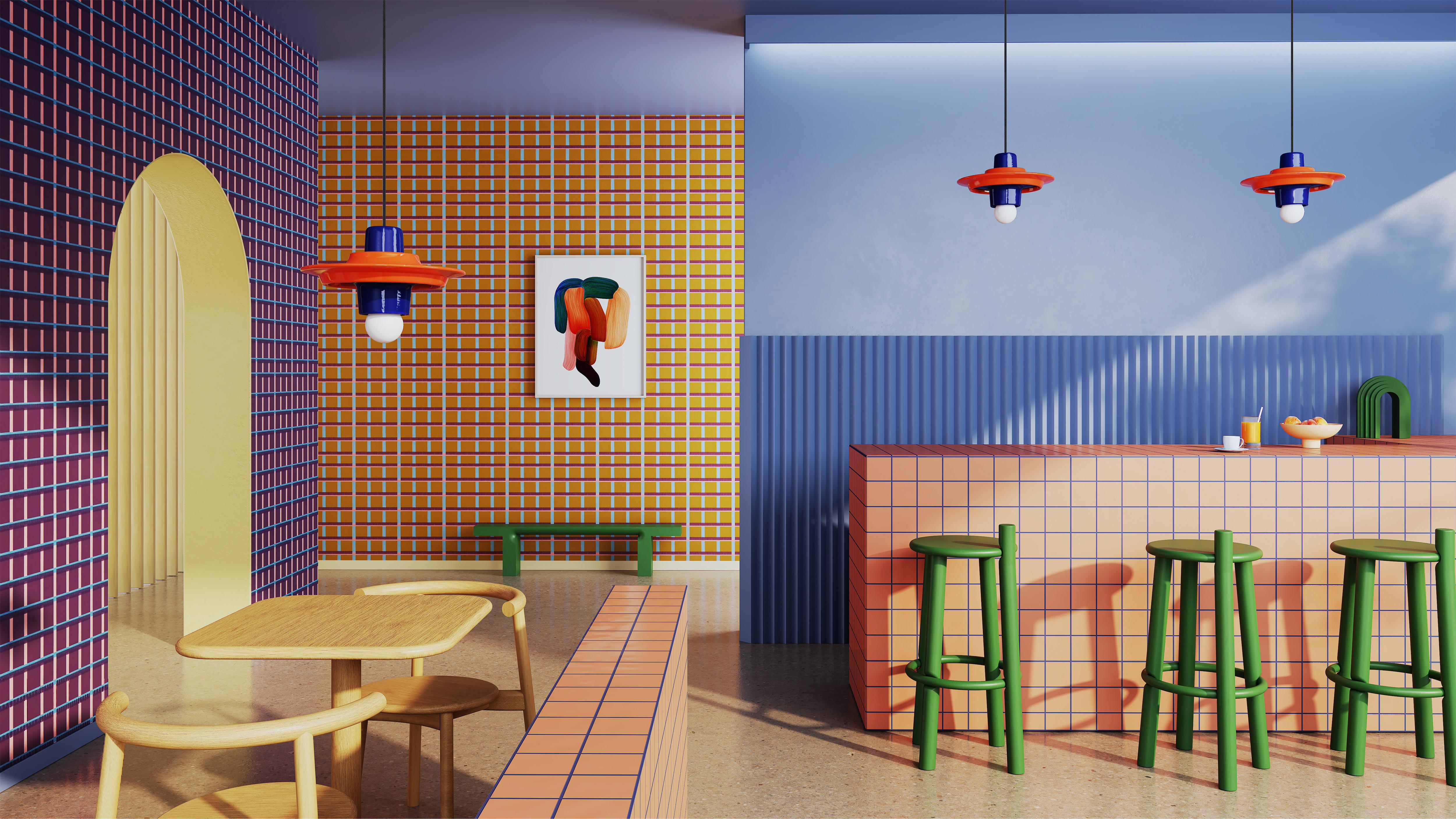 VOILÀ ceramic pendant lamp in orange with cobalt