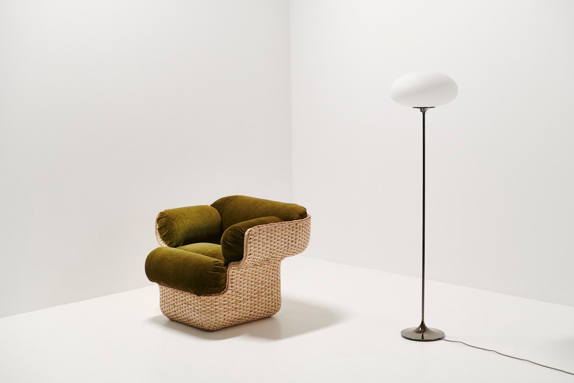 BASKET armchair in white with rattan