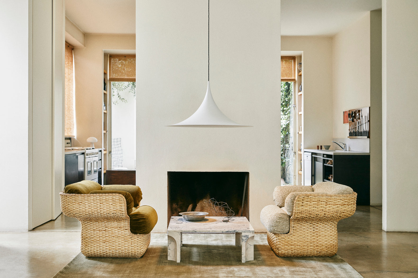 BASKET armchair in white with rattan