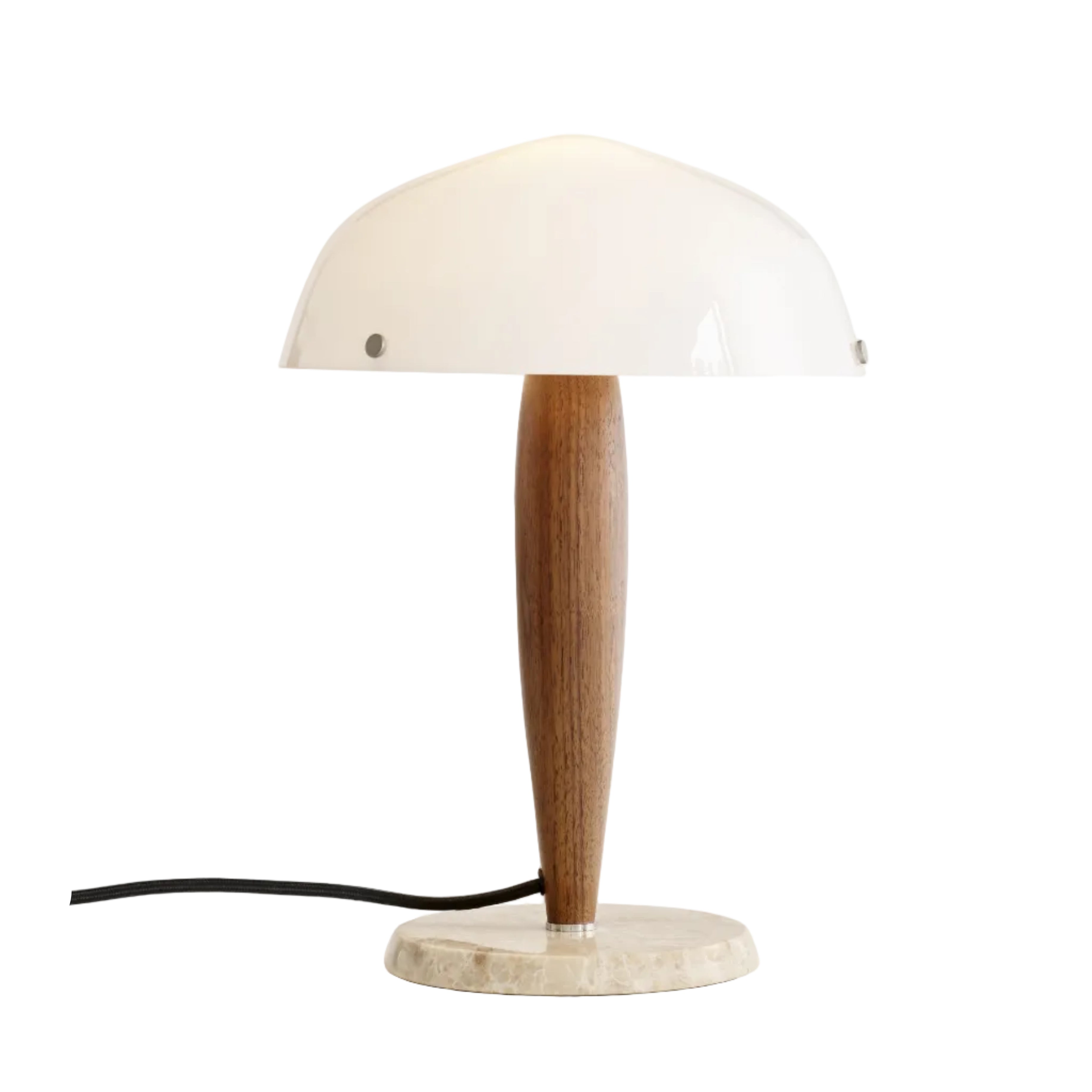Tischlampe HERMAN SHY3 aus opalisiertem Glas mit Nussbaumholz und cremefarbener Marmorbasis