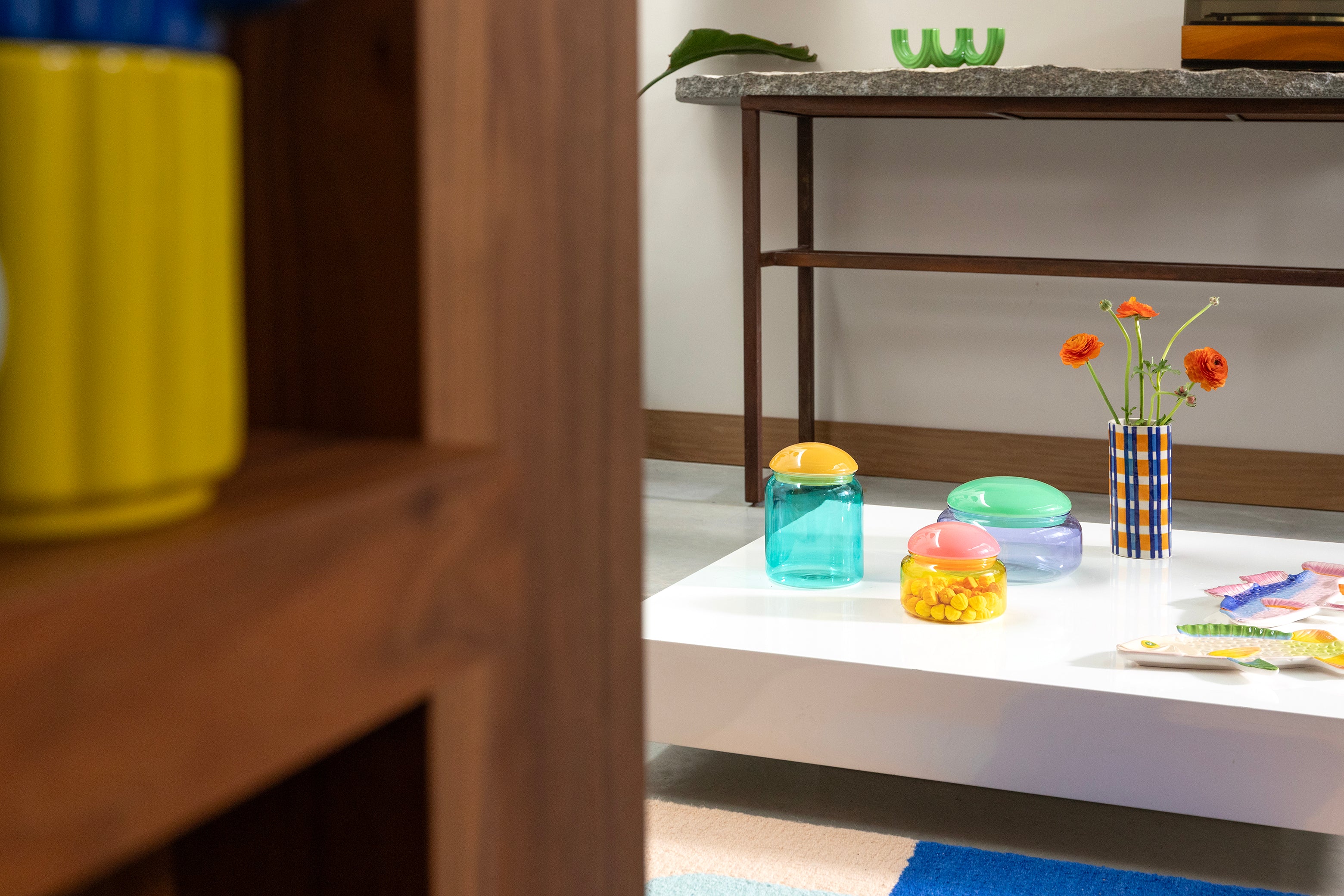 Glasbehälter PUFFY gelb mit rosa Deckel