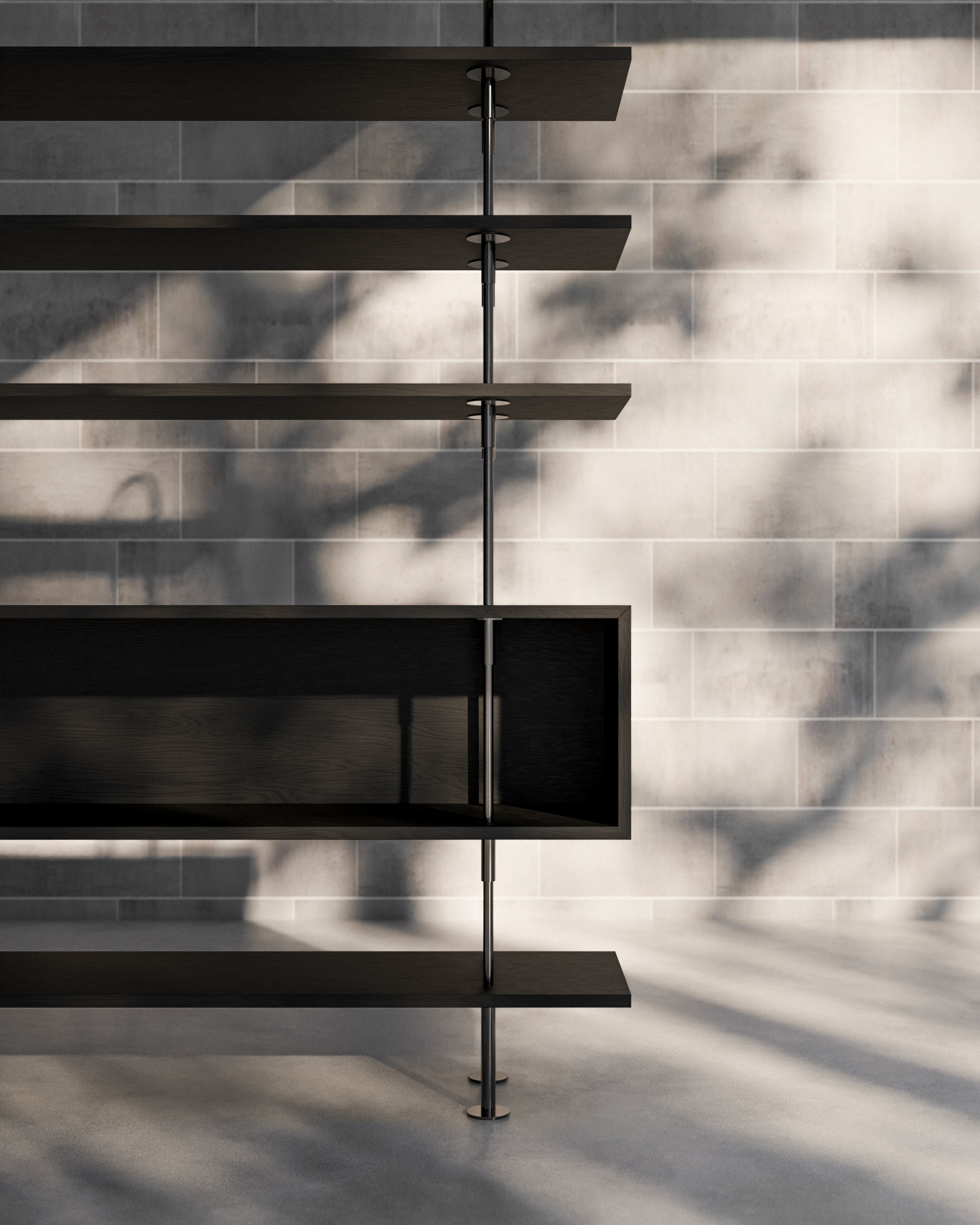 KEEN BOX Shelf dark ash wood with satin steel frame