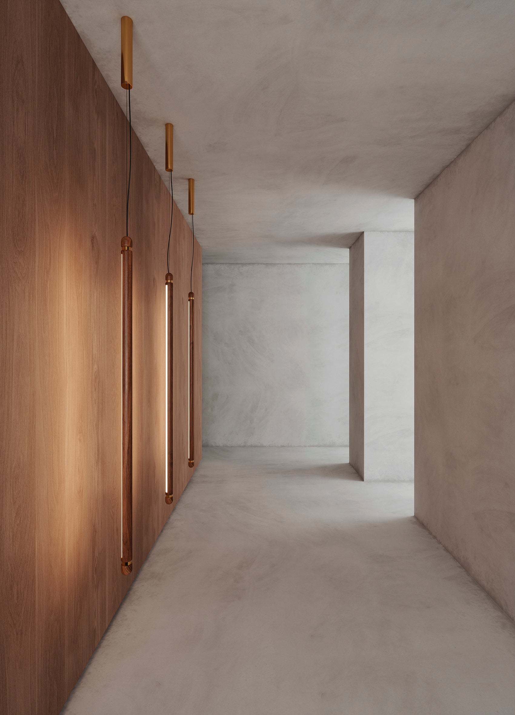 Pendelleuchte LINEA V aus Nussbaum mit messingfarbener Oberfläche