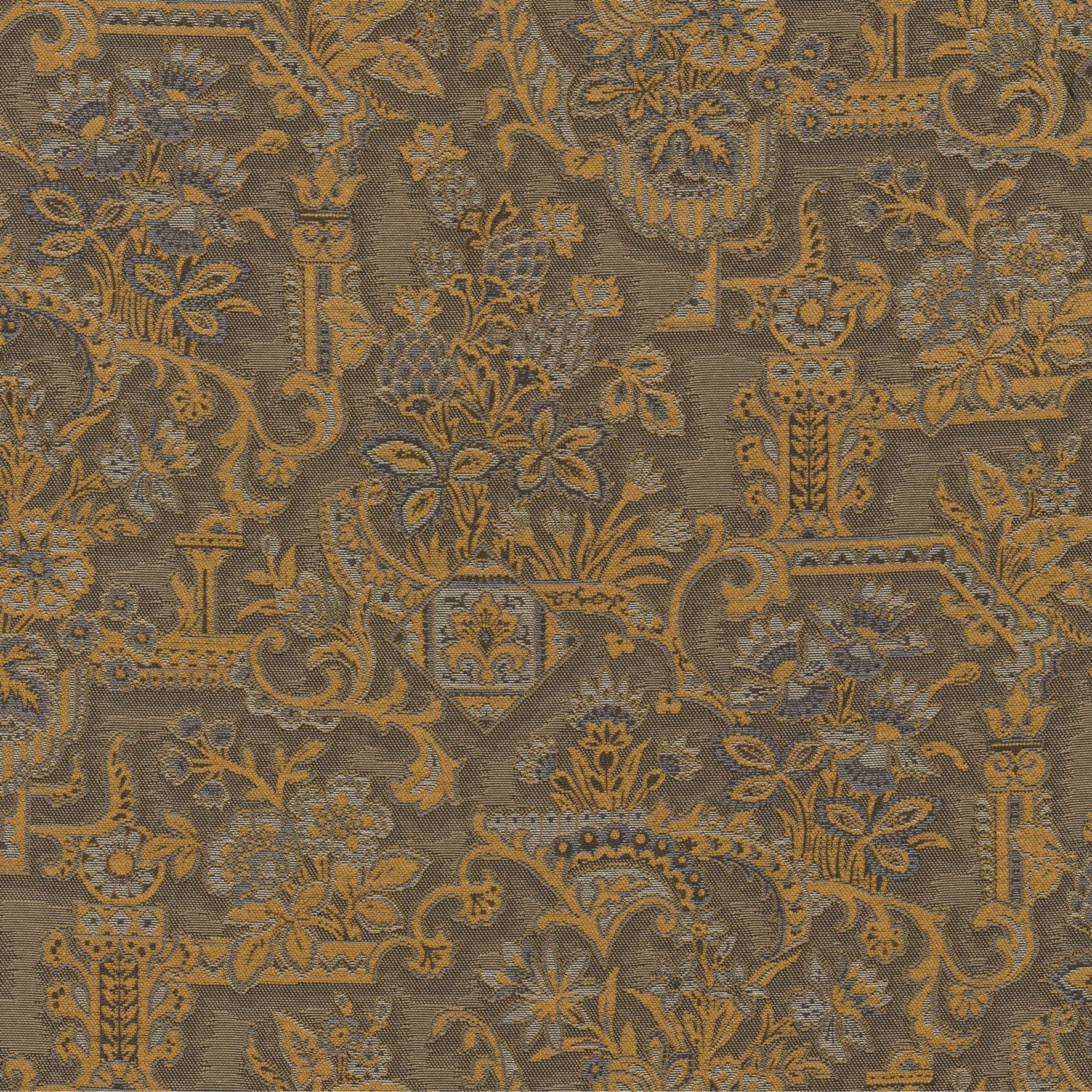 Textile wallpaper with a floral motif BROCADE yellow with brown