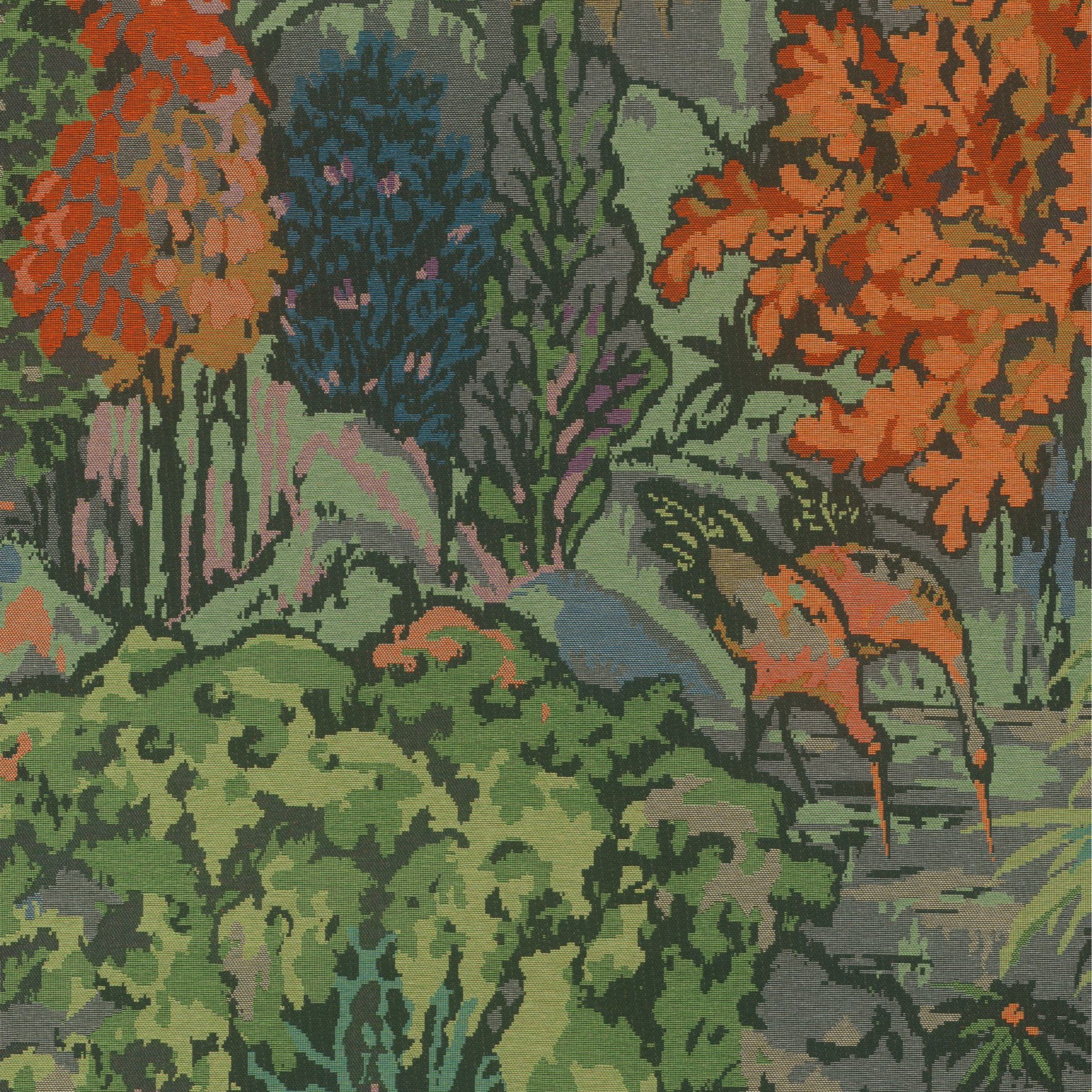 Textile wallpaper with a plant and animal motif RIVERBANK green with orange