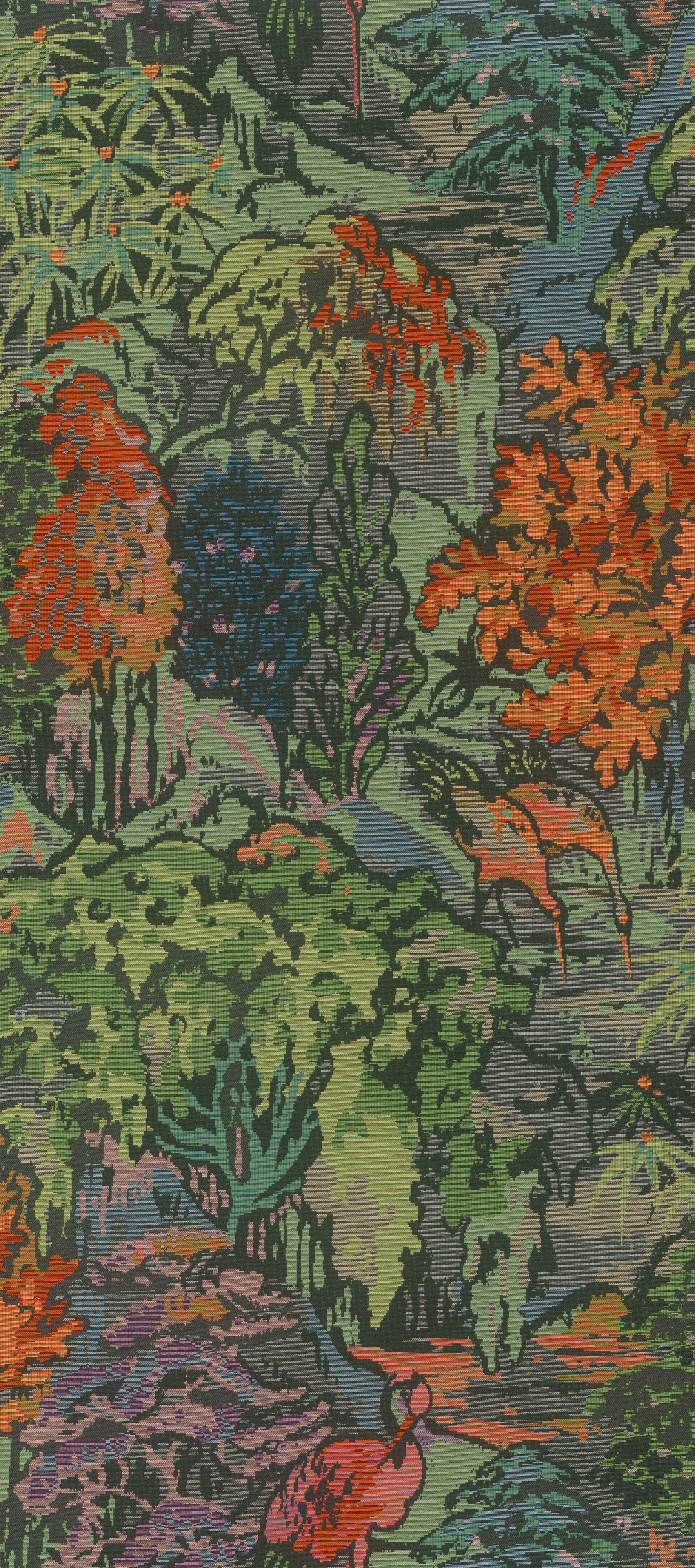Textile wallpaper with a plant and animal motif RIVERBANK green with orange