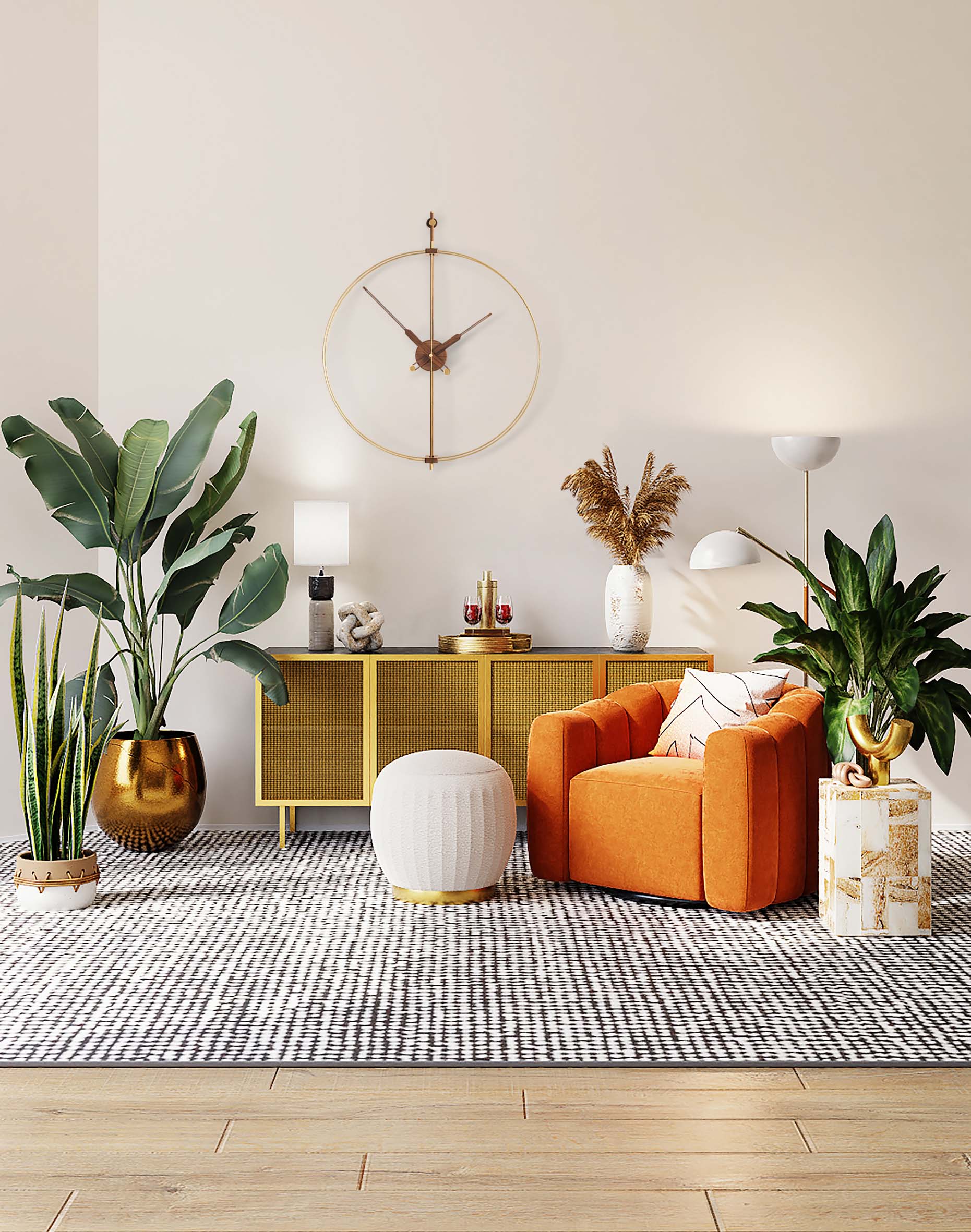 Wanduhr MINI BARCELONA PREMIUM aus Nussbaumholz mit messingfarbener Veredelung