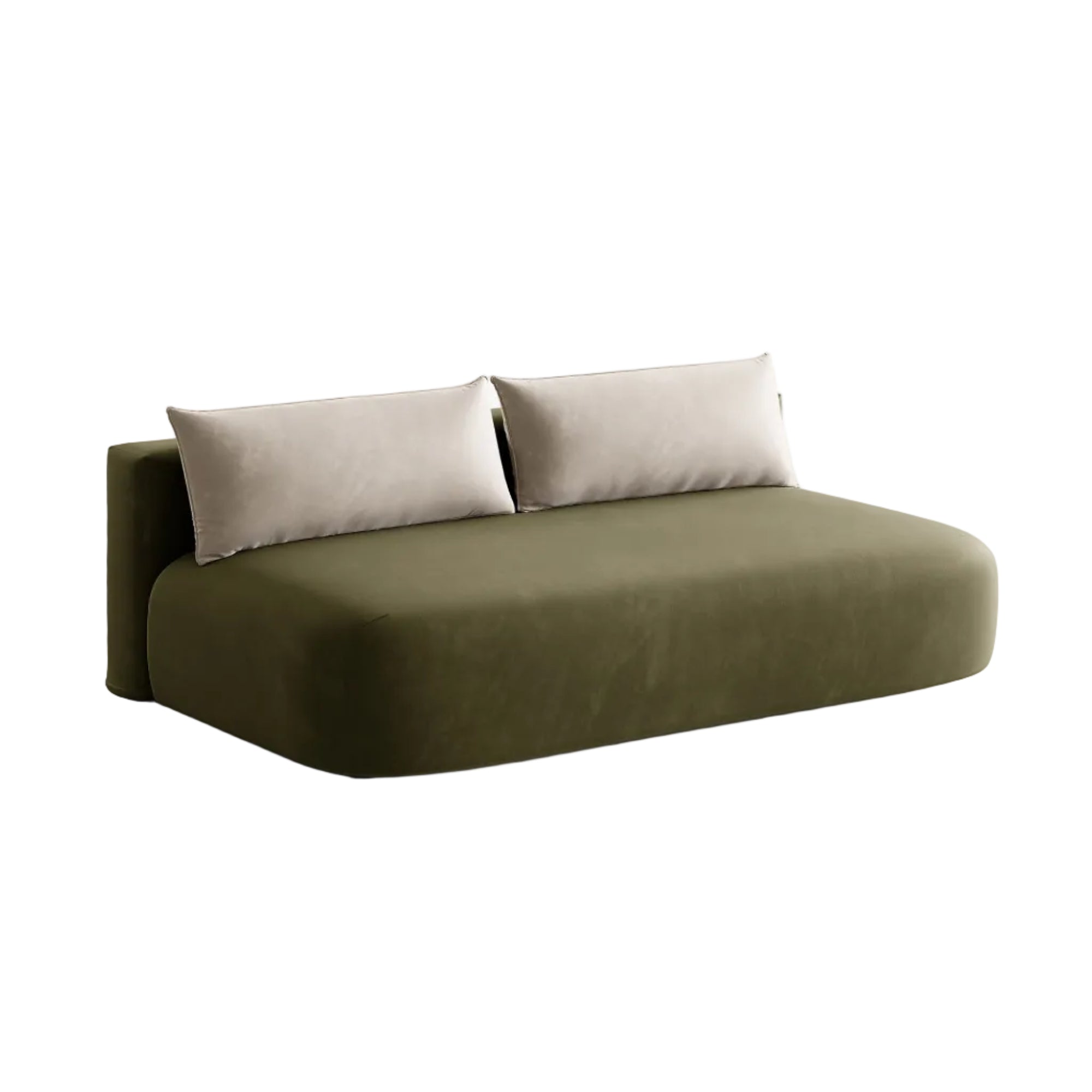 Sofa für 3 Personen aus Samt mit Schlaf-Funktion HENA in Grün mit beigen Kissen