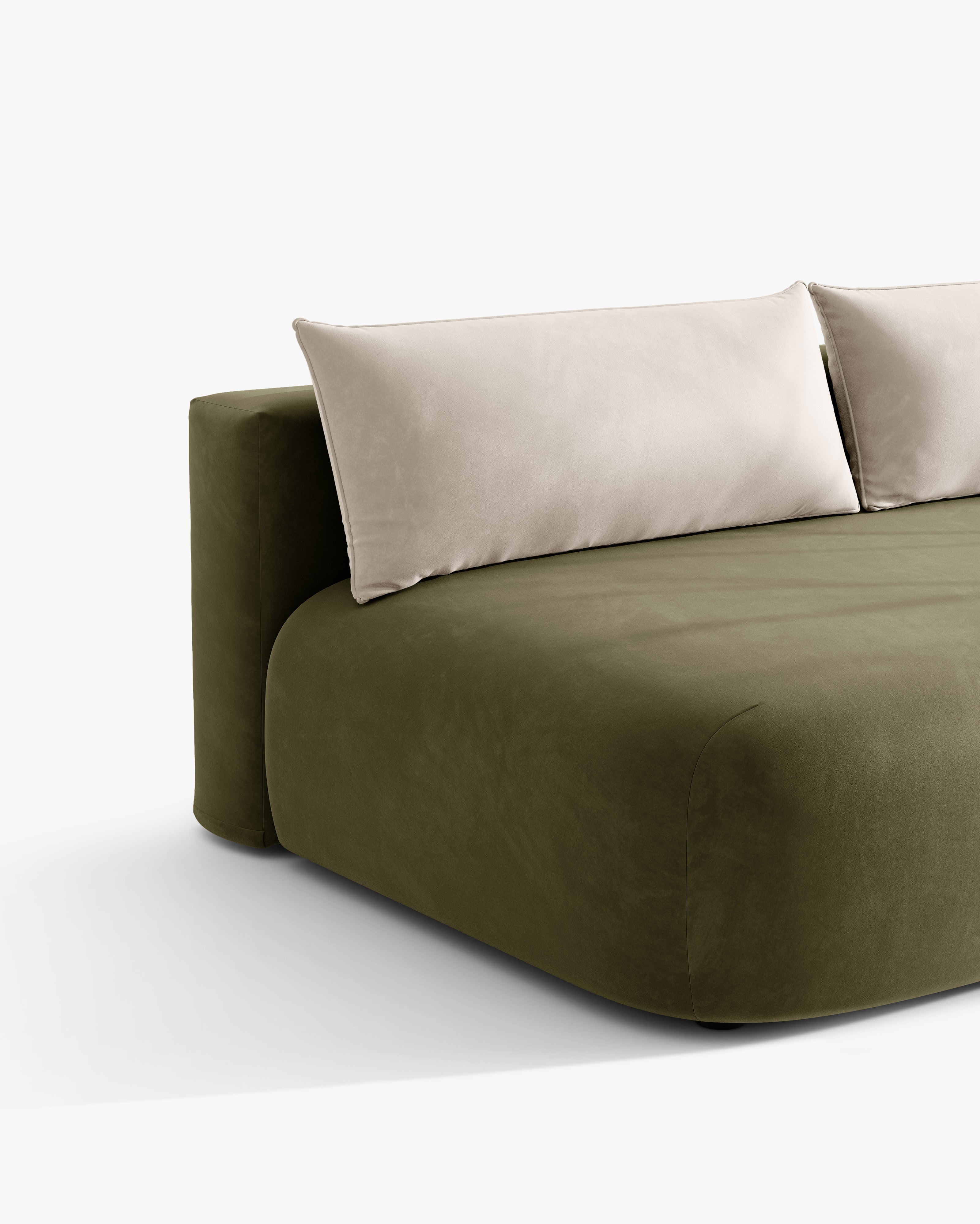 Sofa für 3 Personen aus Samt mit Schlaf-Funktion HENA in Grün mit beigen Kissen