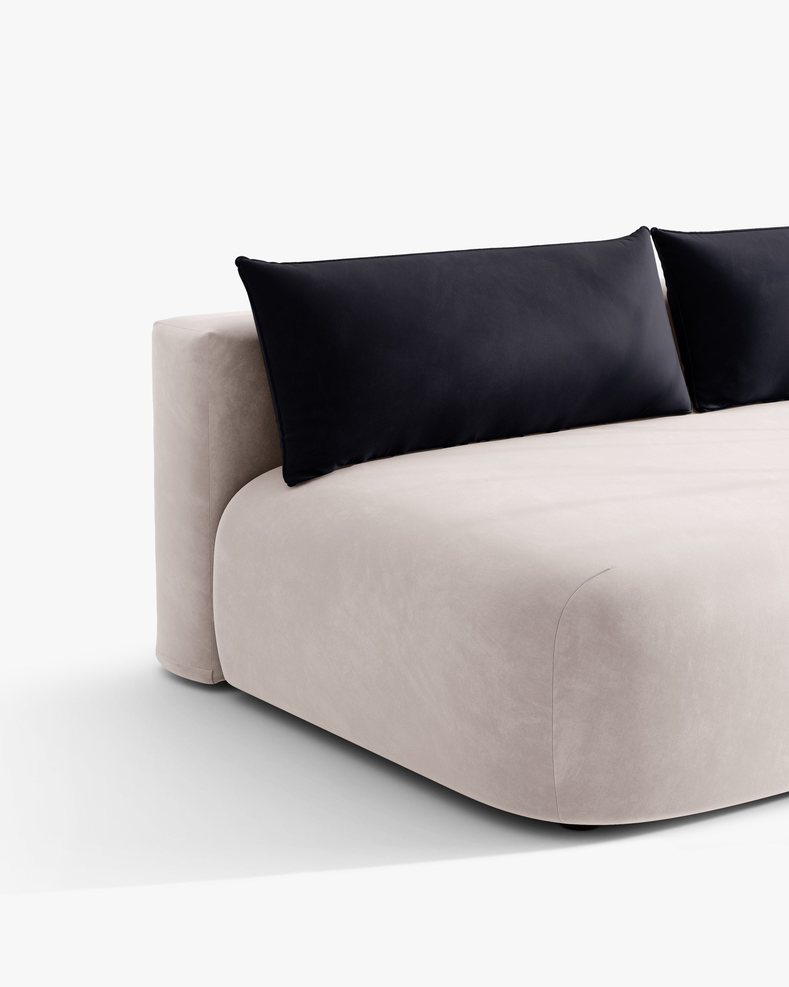 Sofa für 3 Personen aus Samt mit Schlaf-Funktion HENA in Hellgrau mit blauen Kissen
