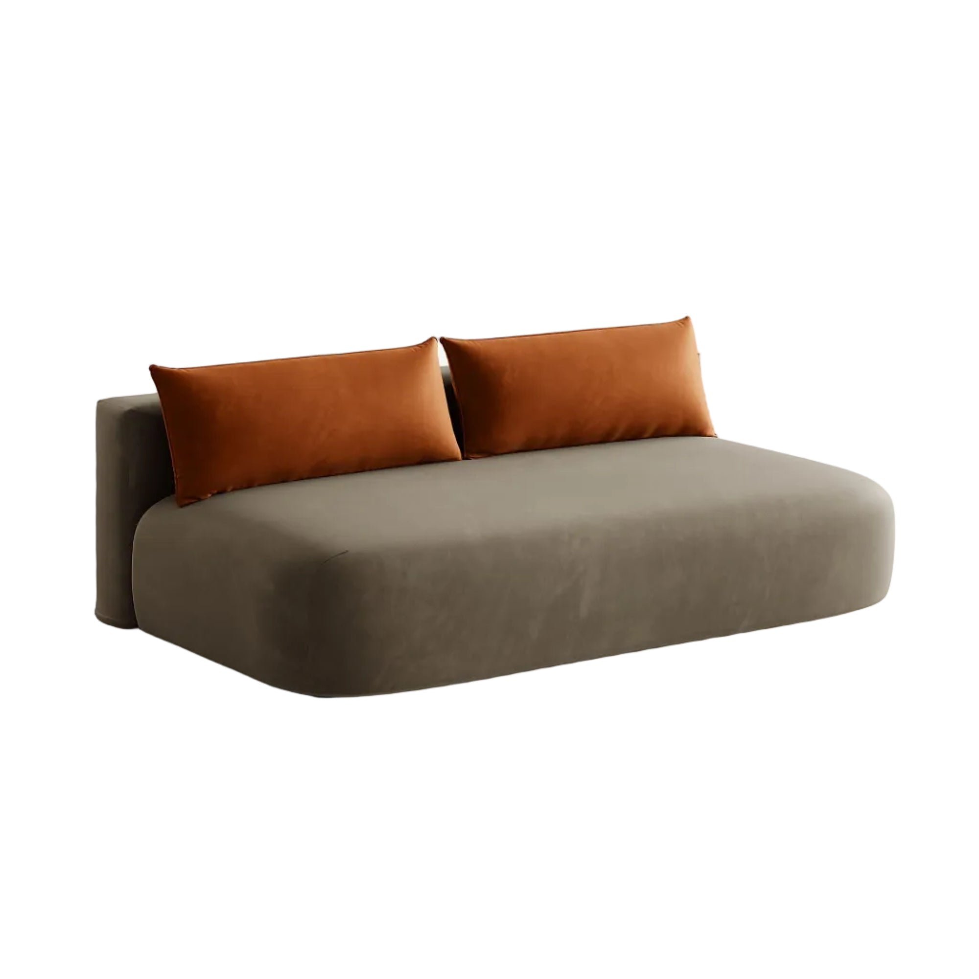 Sofa für 3 Personen aus Samt mit Schlaf-Funktion HENA in grau-braun mit ziegelroten Kissen