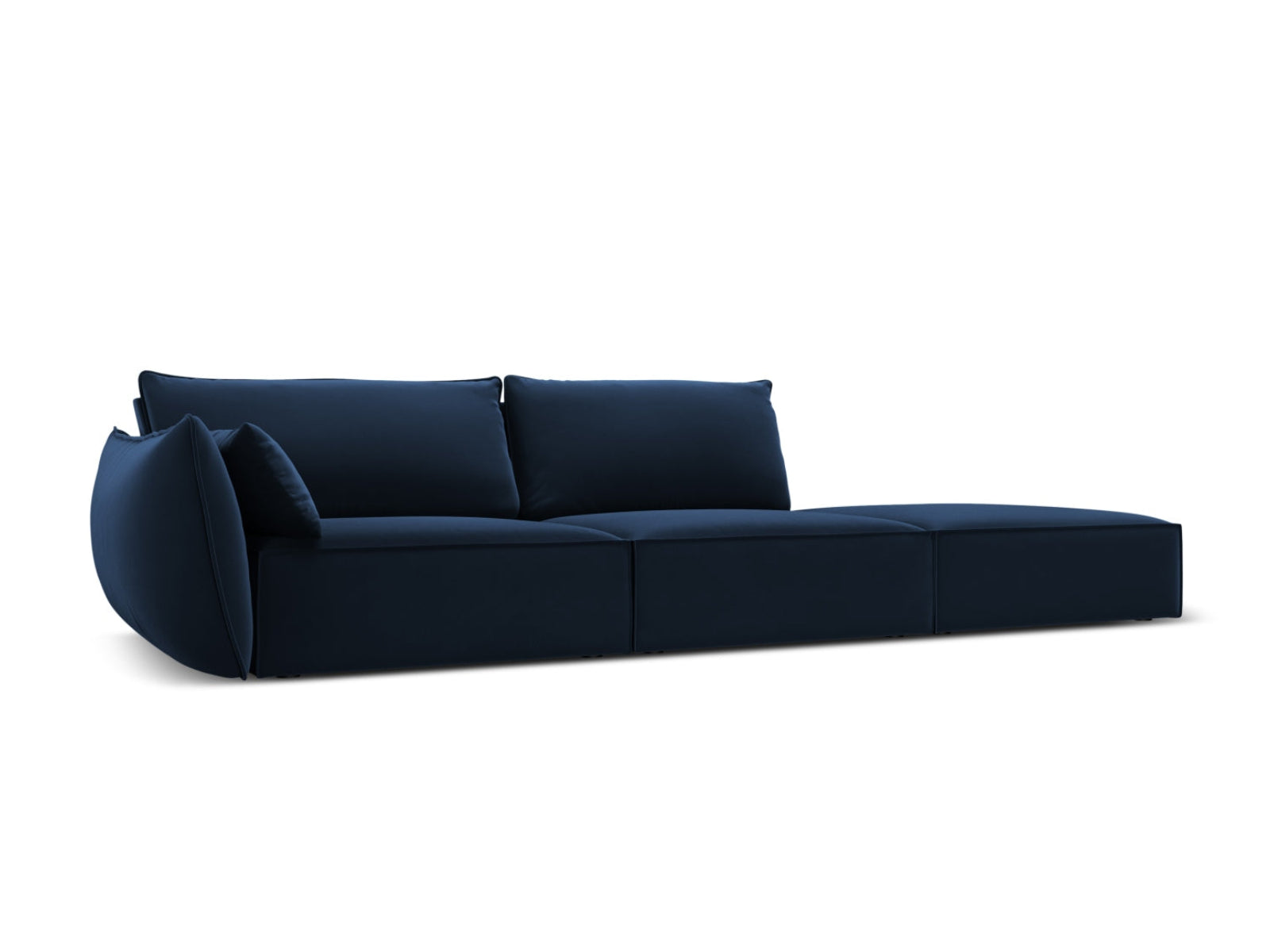 Sofa aksamitna z otomaną prawostronną 4-osobowa KAELLE kobaltowy – ujęcie boczne