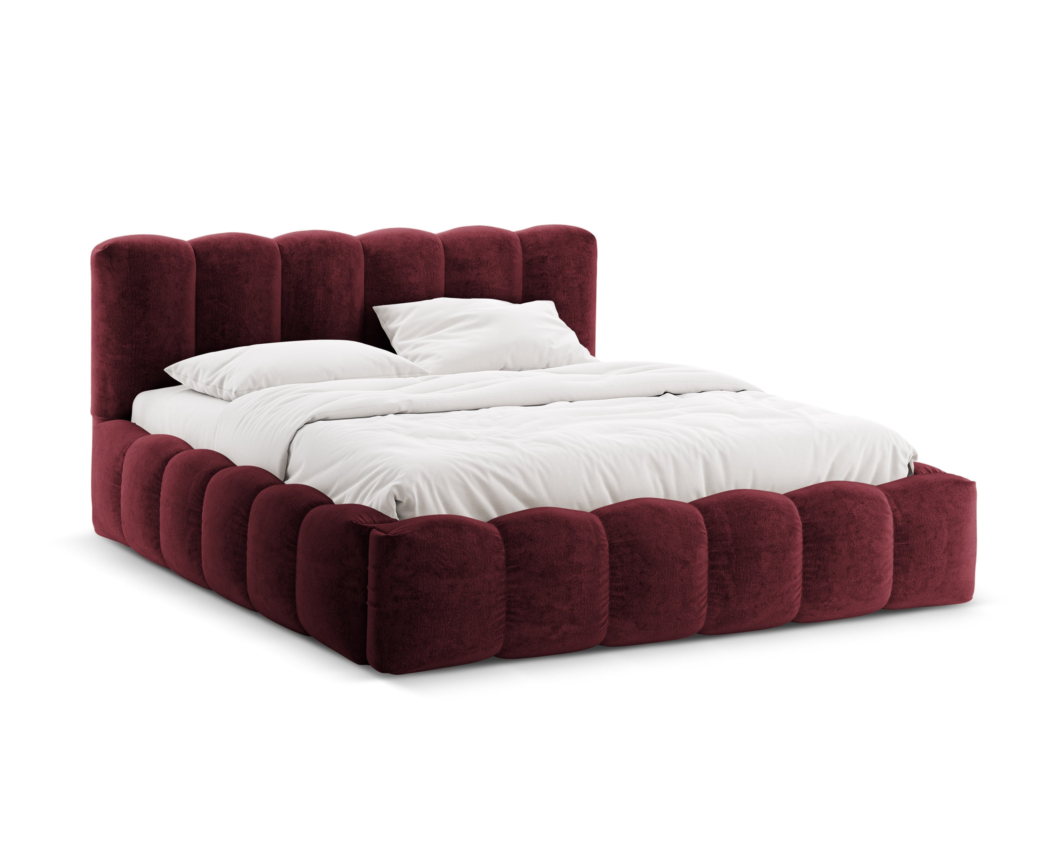 Bett mit Bettkasten LUPINE kirschrot Chenille