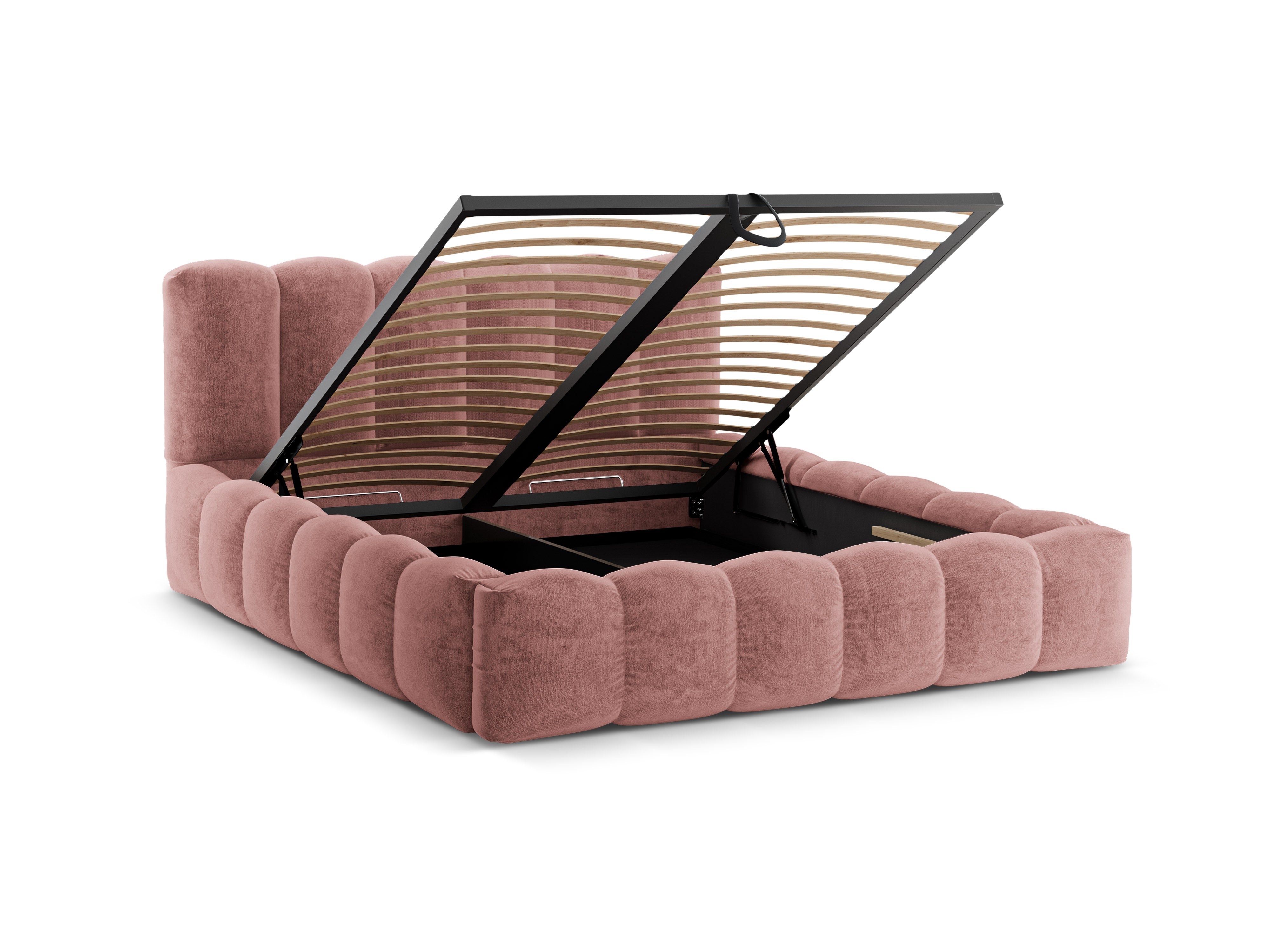 Bett mit Bettkasten LUPINE rosa Chenille