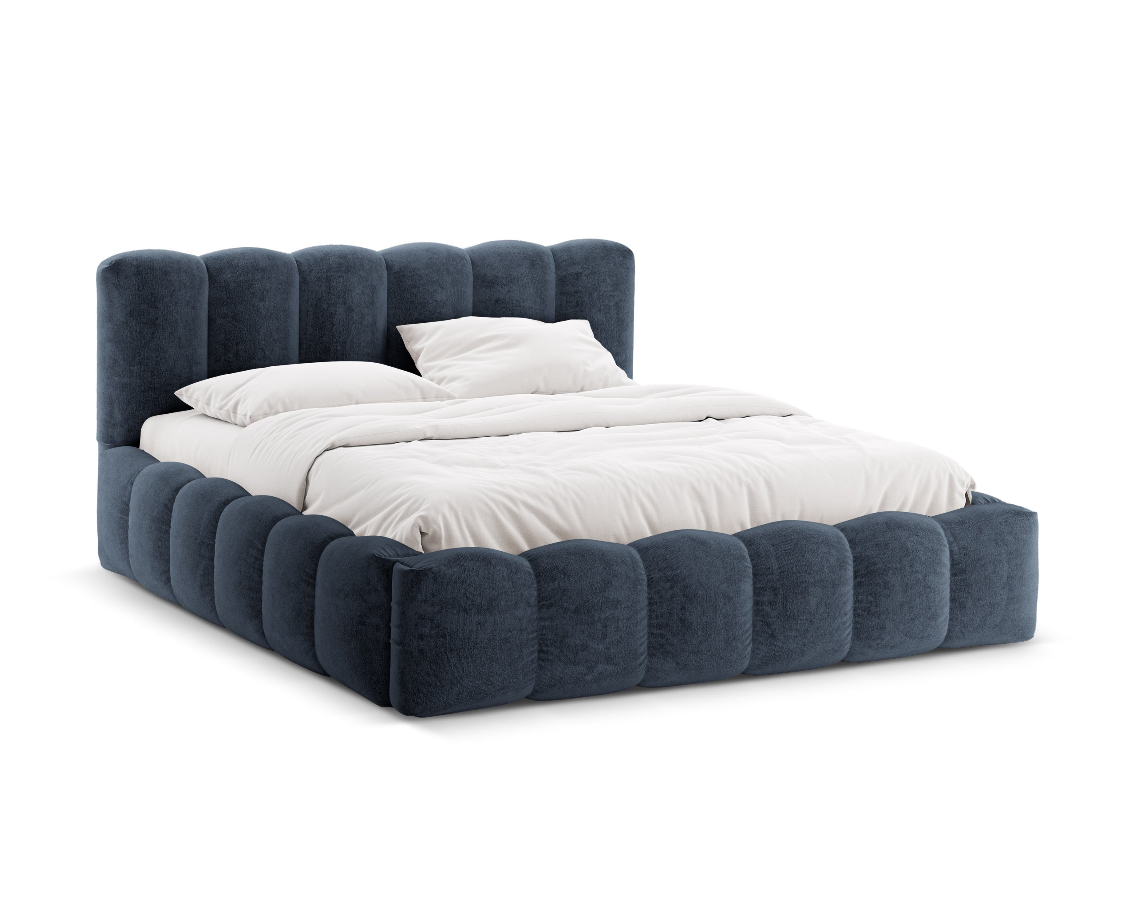 Bett mit Bettkasten LUPINE dunkelblauer Chenille