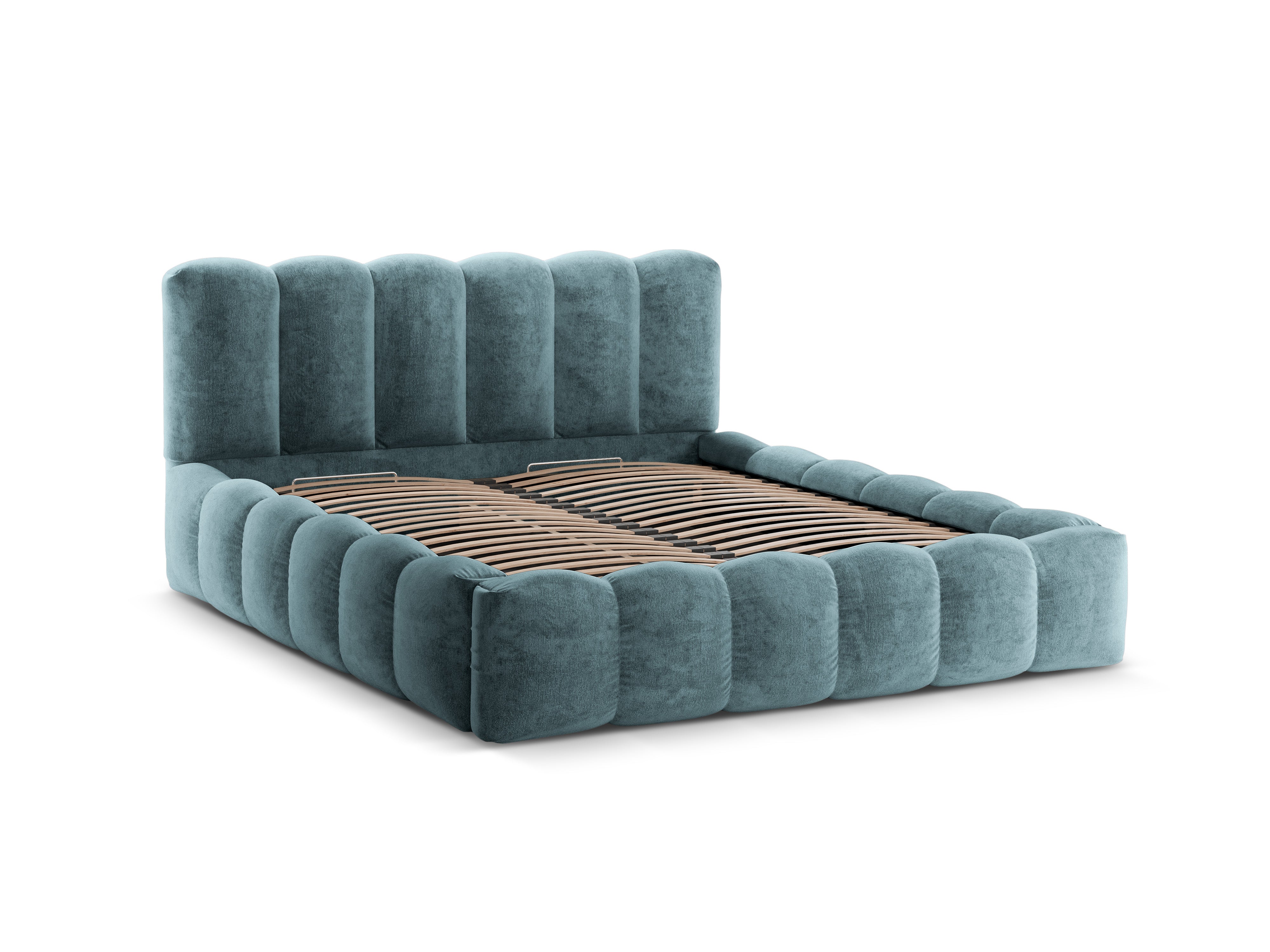 Bett mit Bettkasten LUPINE in jeansblauem schimmerndem Chenille