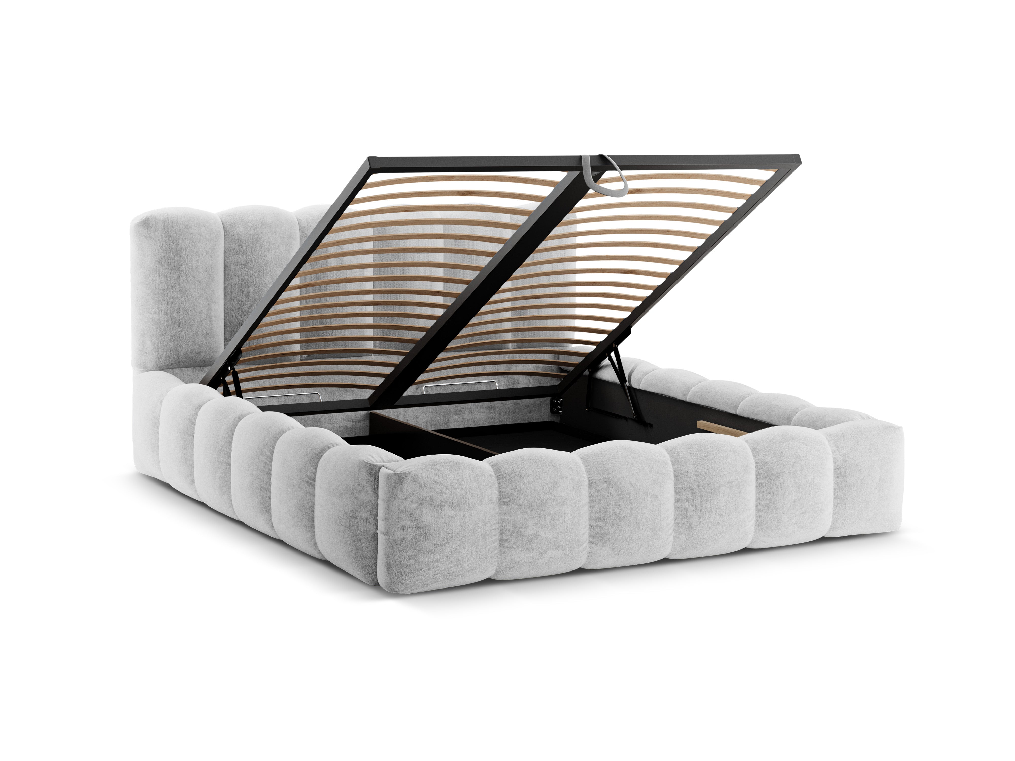 Bett mit Bettkasten LUPINE in silbernem schimmerndem Chenille