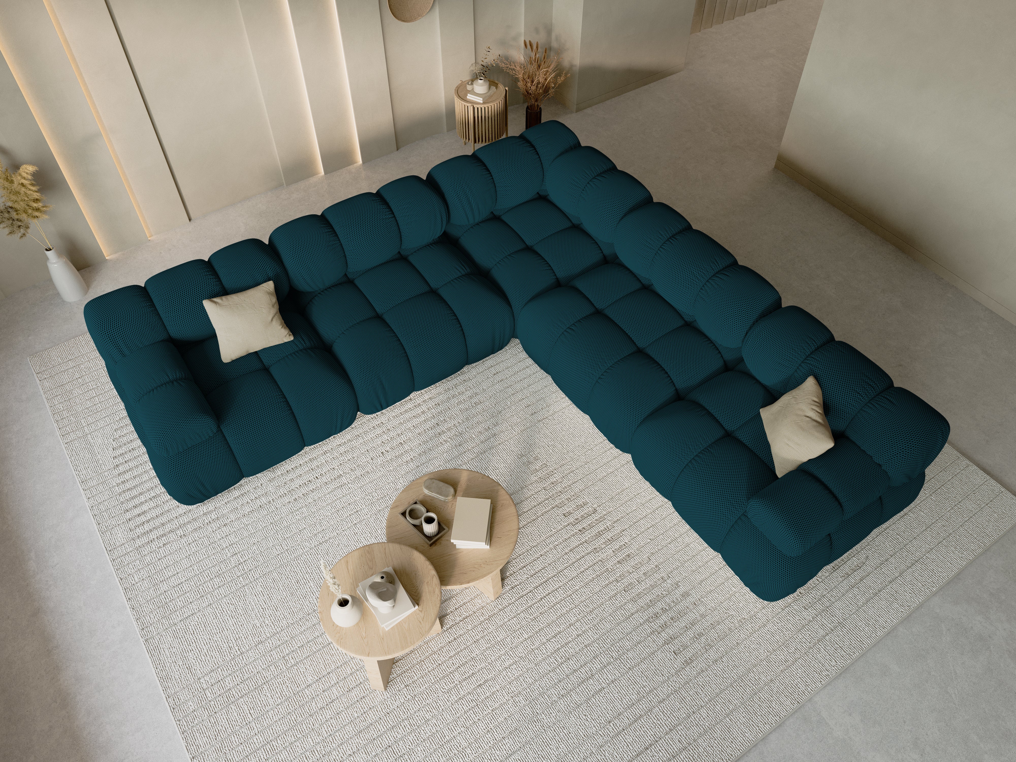 Symmetrische Eckcouch BELLIS in marineblauem 3D-Stoff