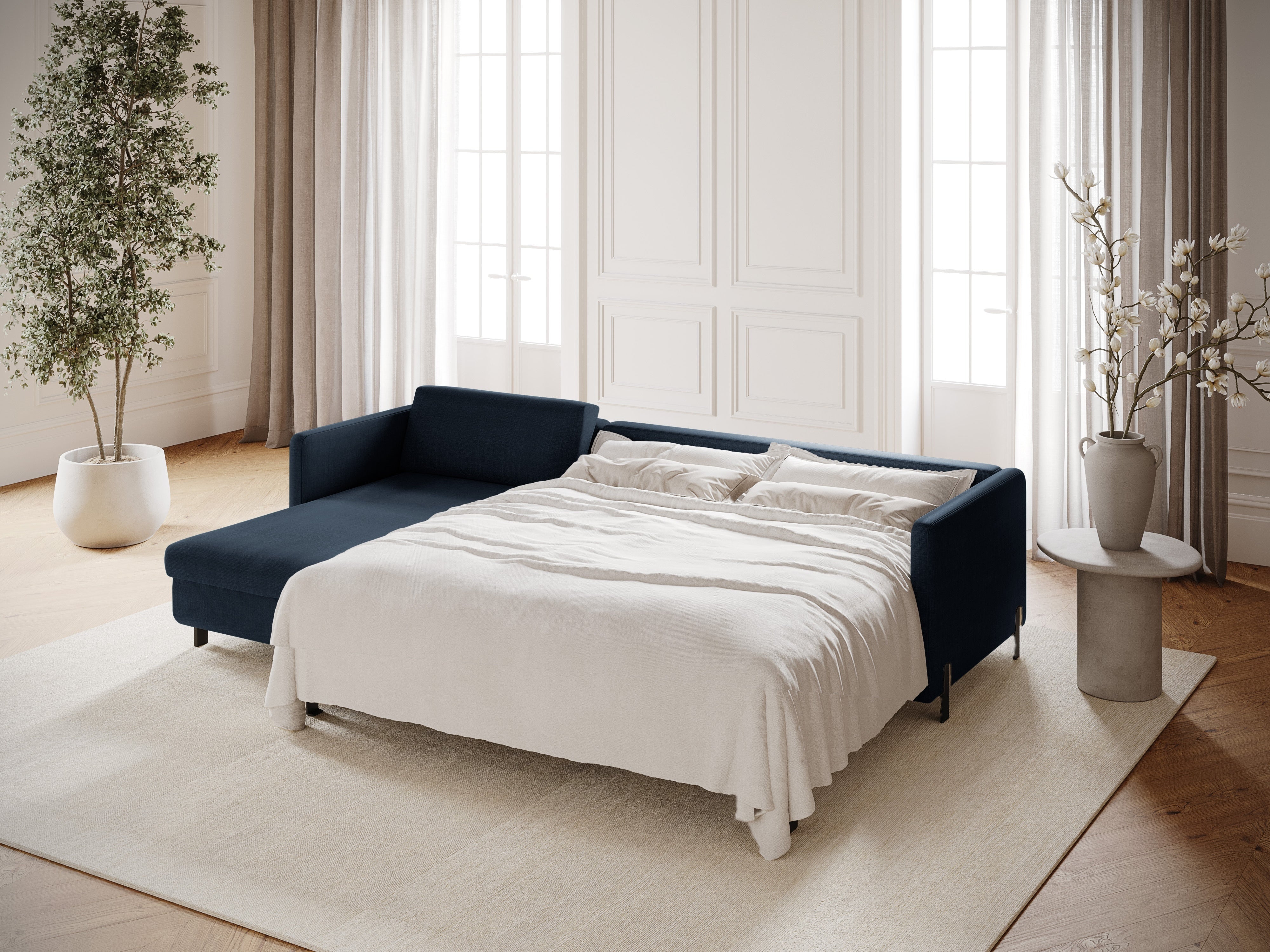 Linksseitige Schlafcouch GLORIA in blauer Chenille