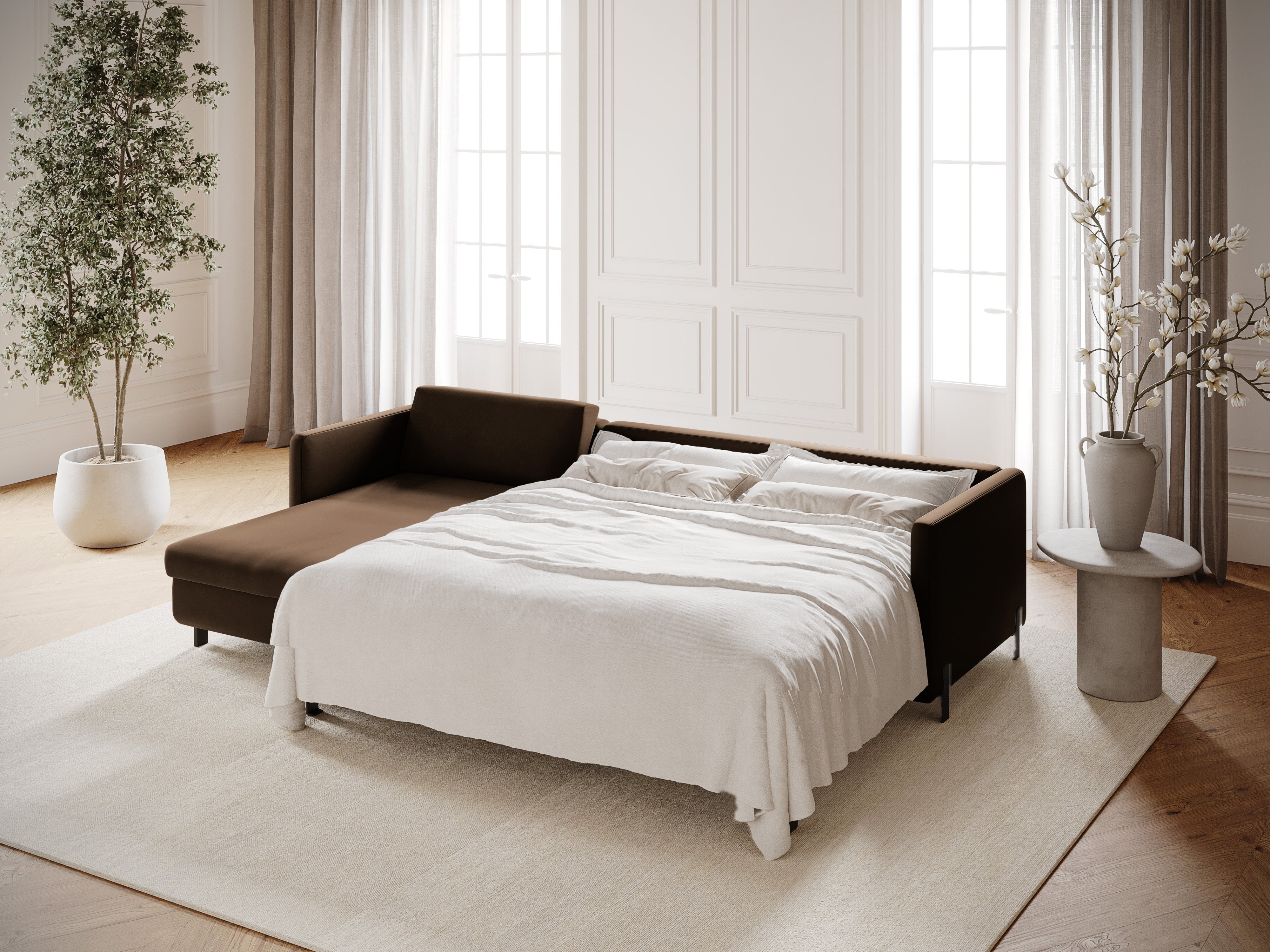 Samt-Ecksofa links mit Schlaffunktion GLORIA schokoladenbraun