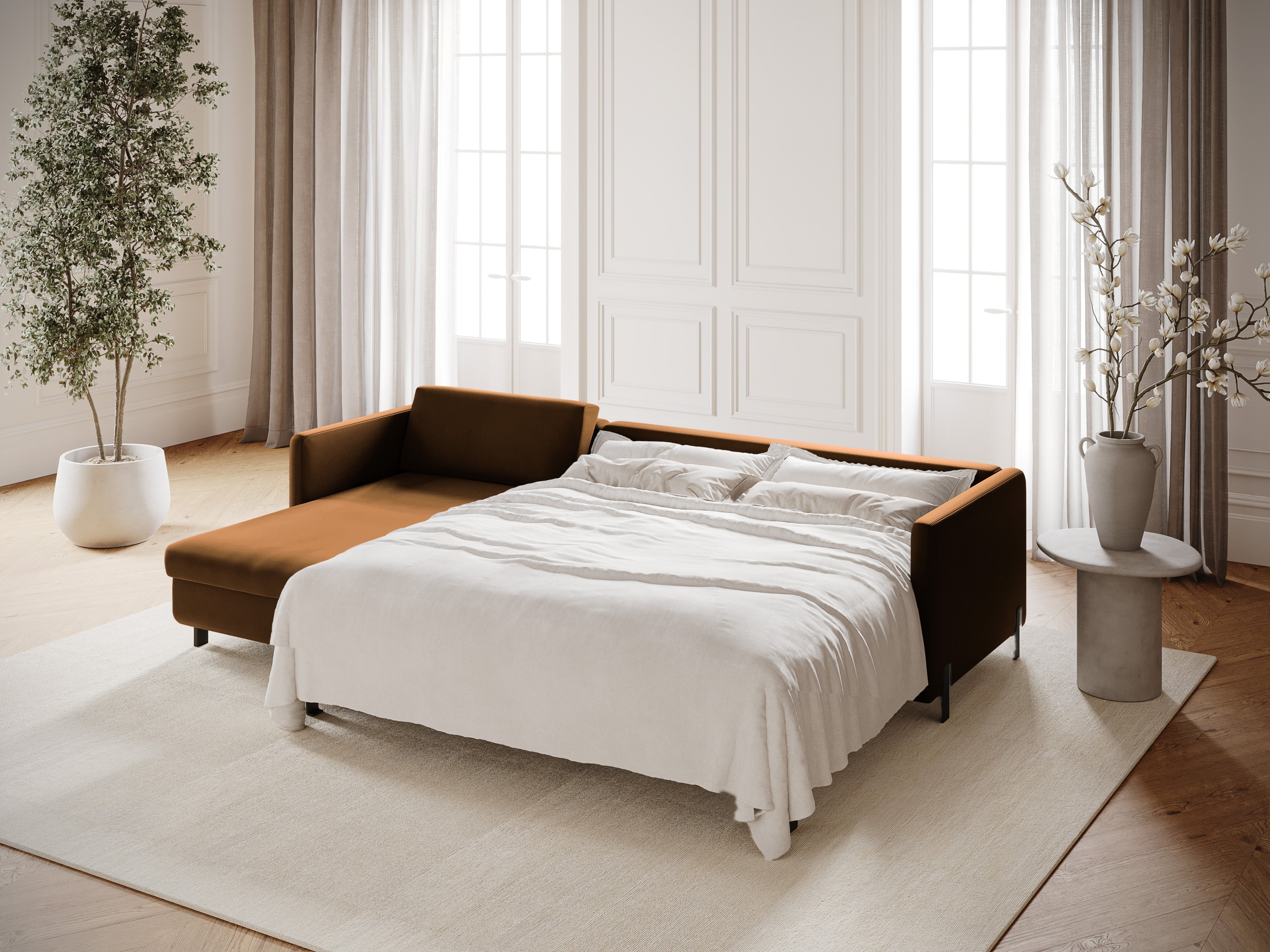 Left-facing velvet corner sofa with sleeping function GLORIA brown