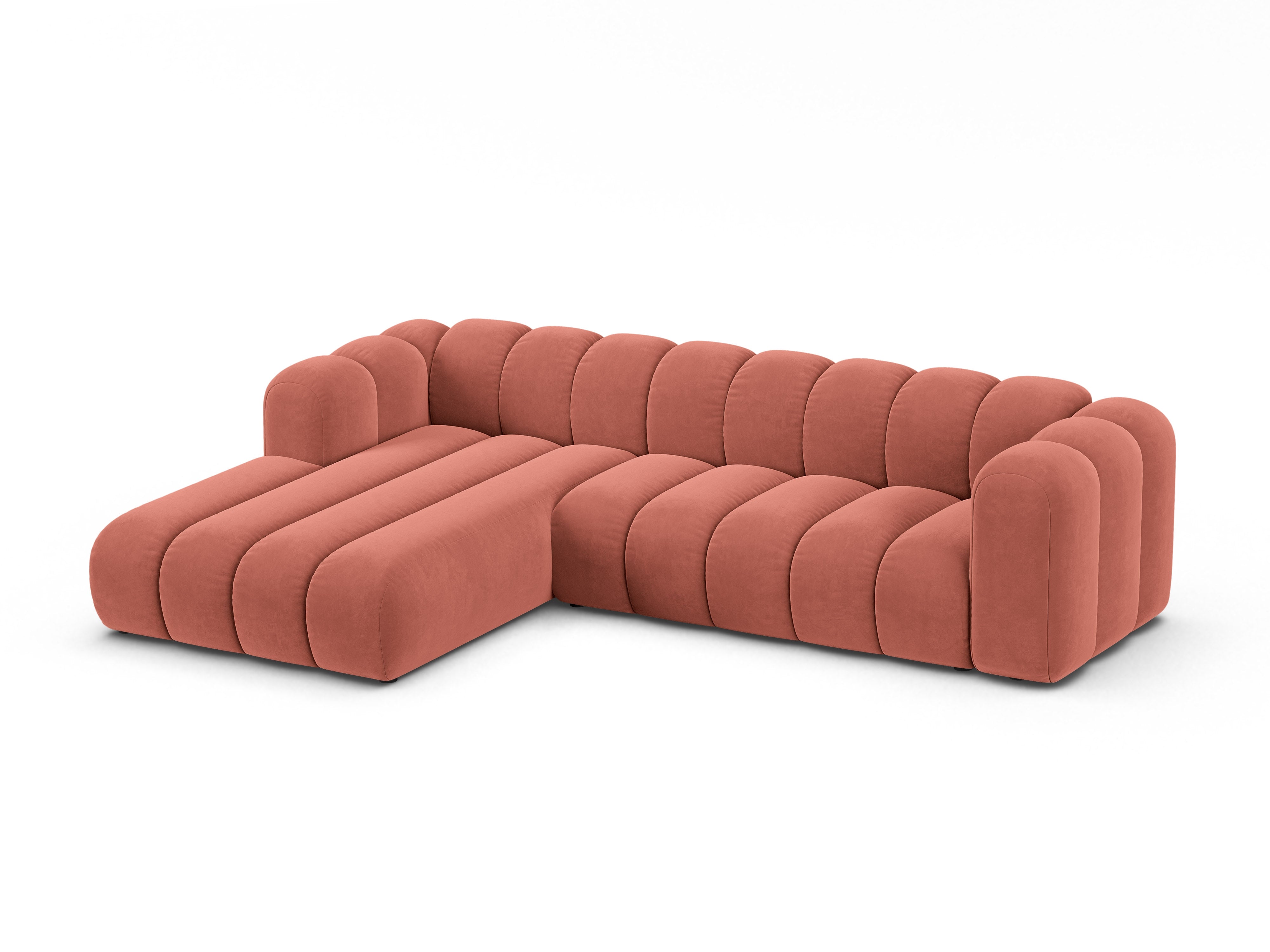 Narożnik aksamitny 4-osobowy lewostronny LUPINE koralowy – sofa narożna