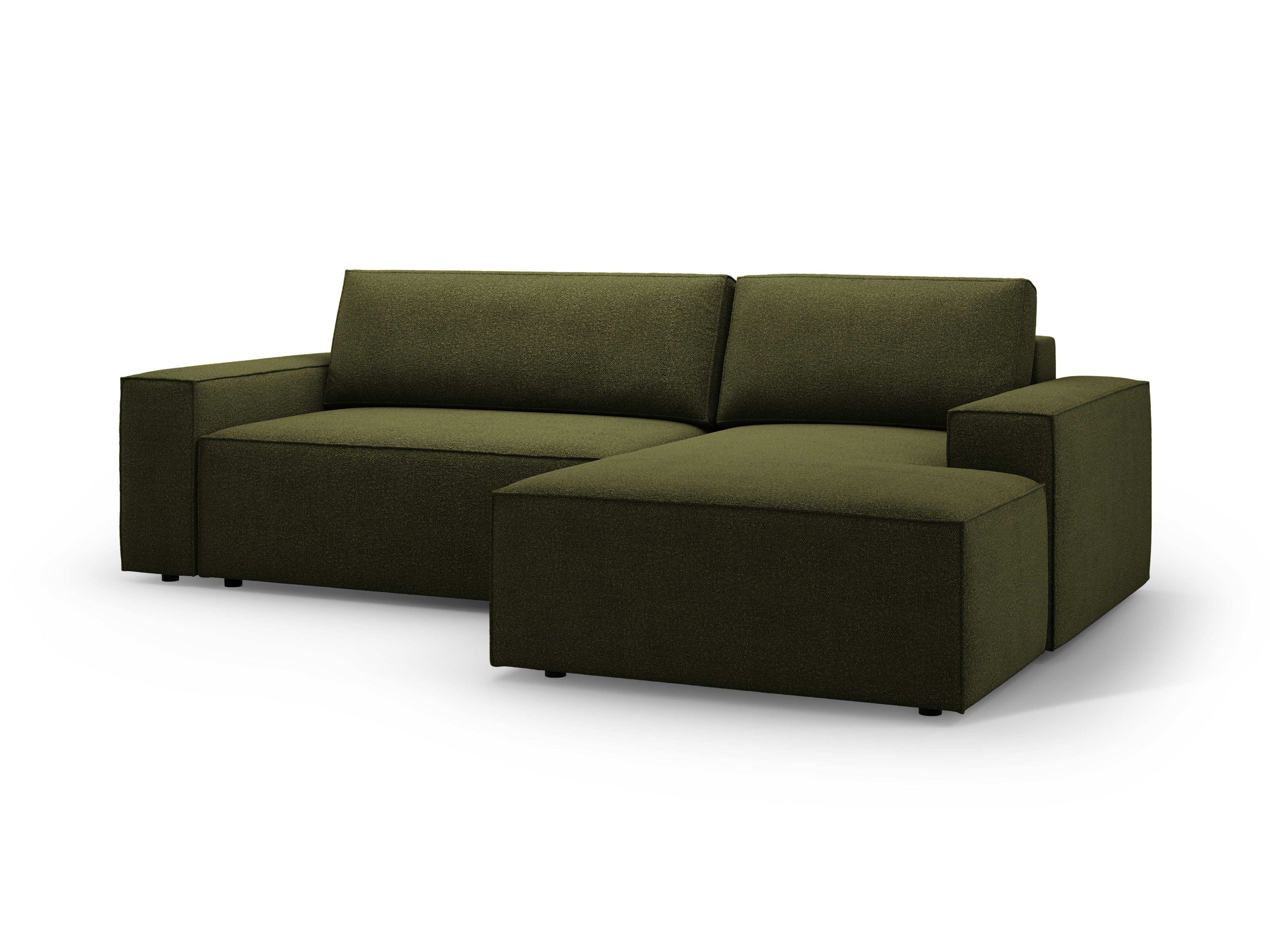 Rechtsseitige Schlafcouch JODIE in dunklem olivgrün Boucle