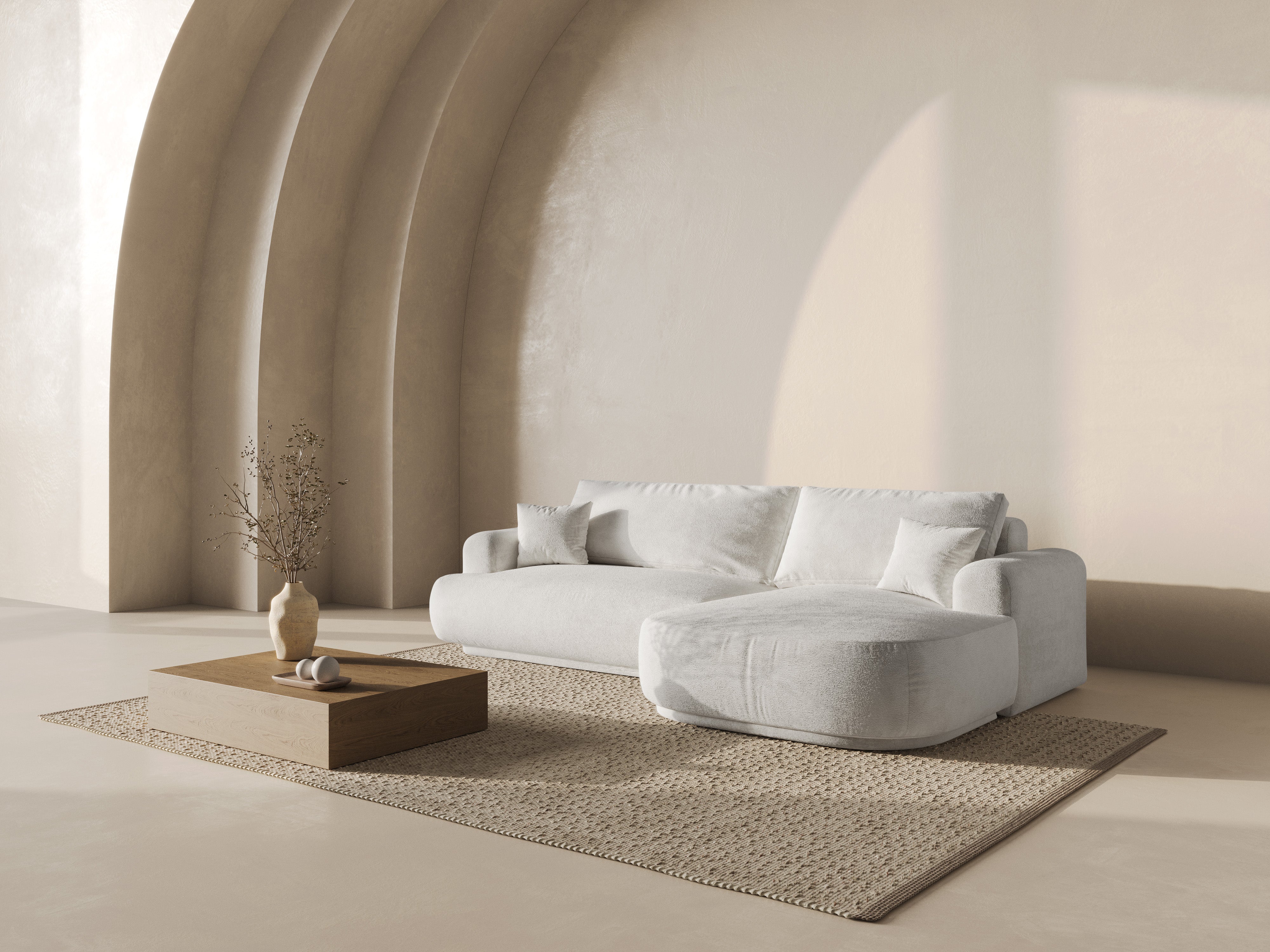 Right -sided corner with Ella light -beige boucle sleeping function