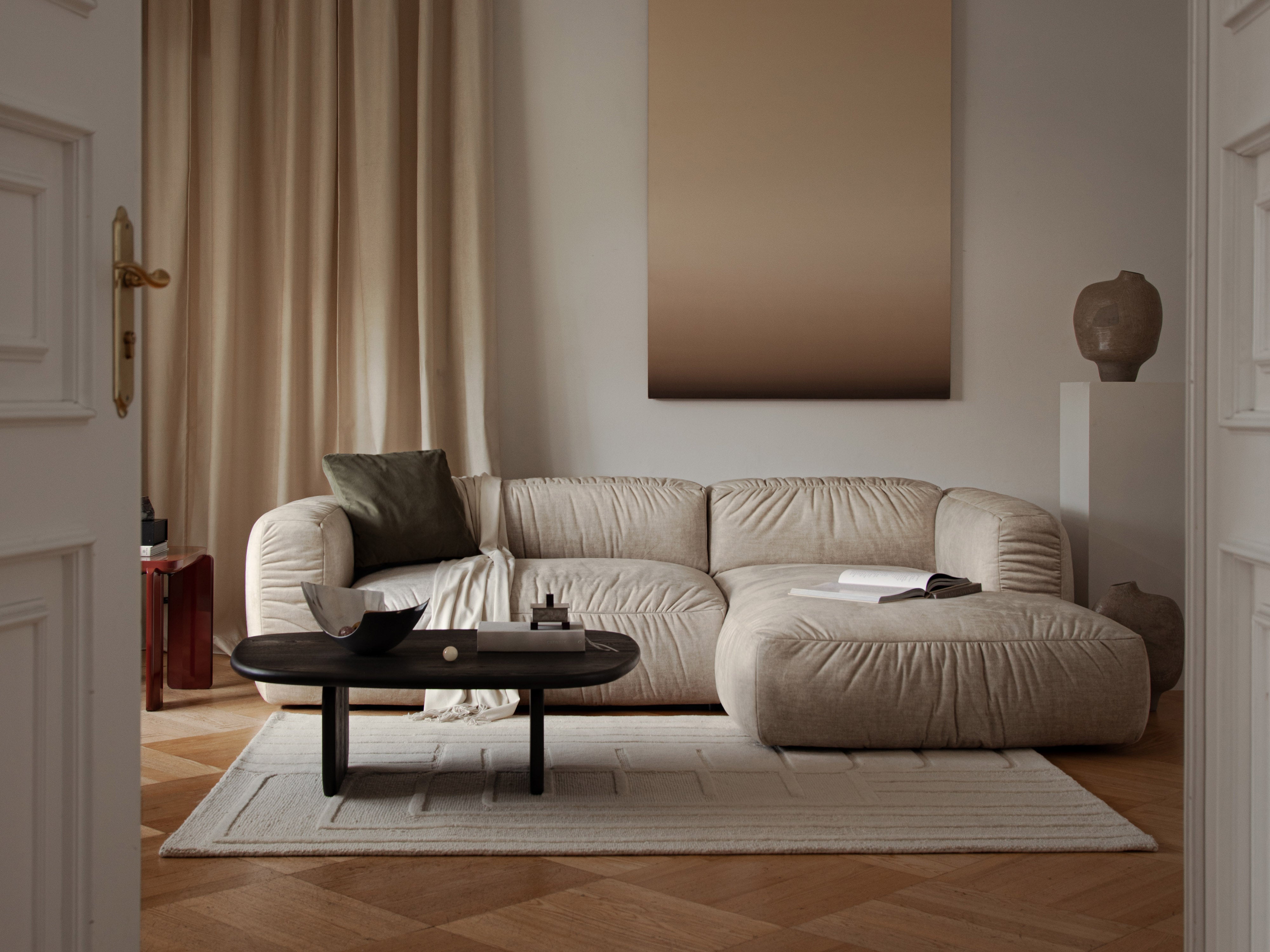 Right-facing corner sofa bed MARTINA in gray-beige mélange boucle