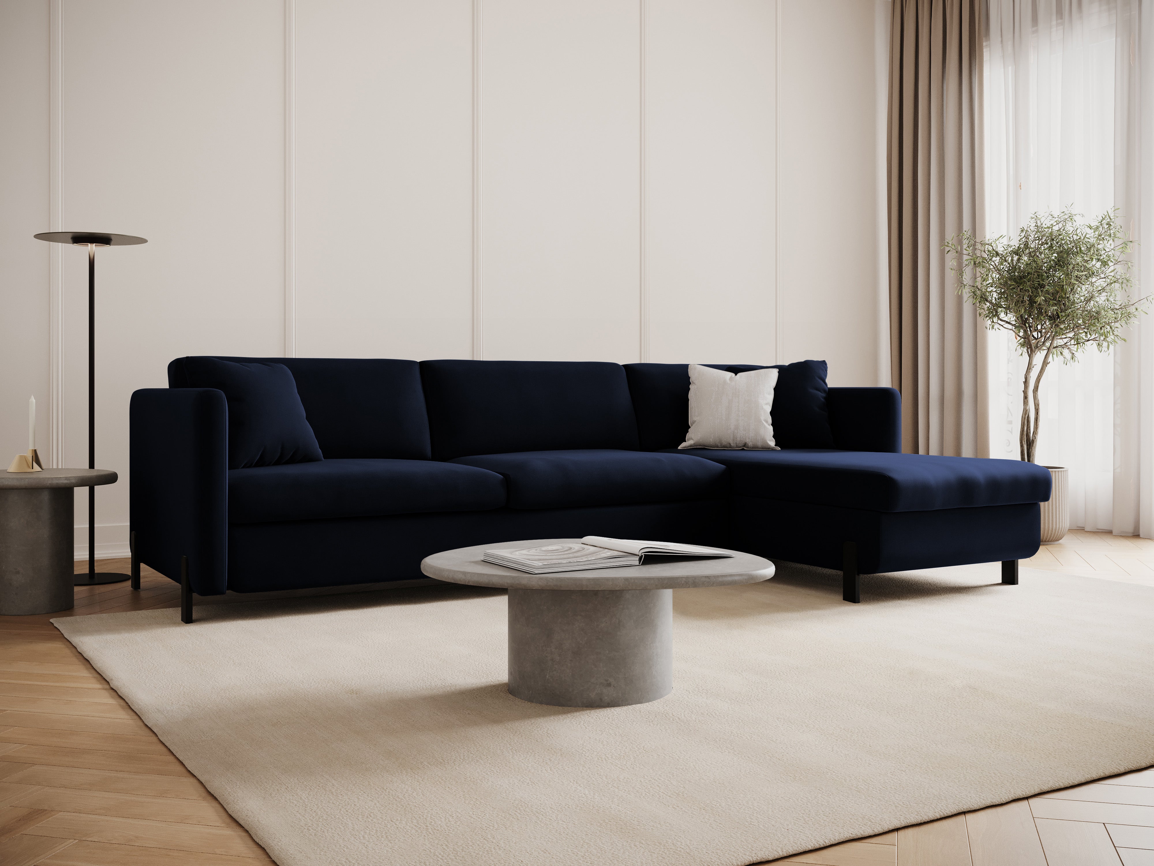 Right-facing velvet corner sofa with sleeping function GLORIA royal blue