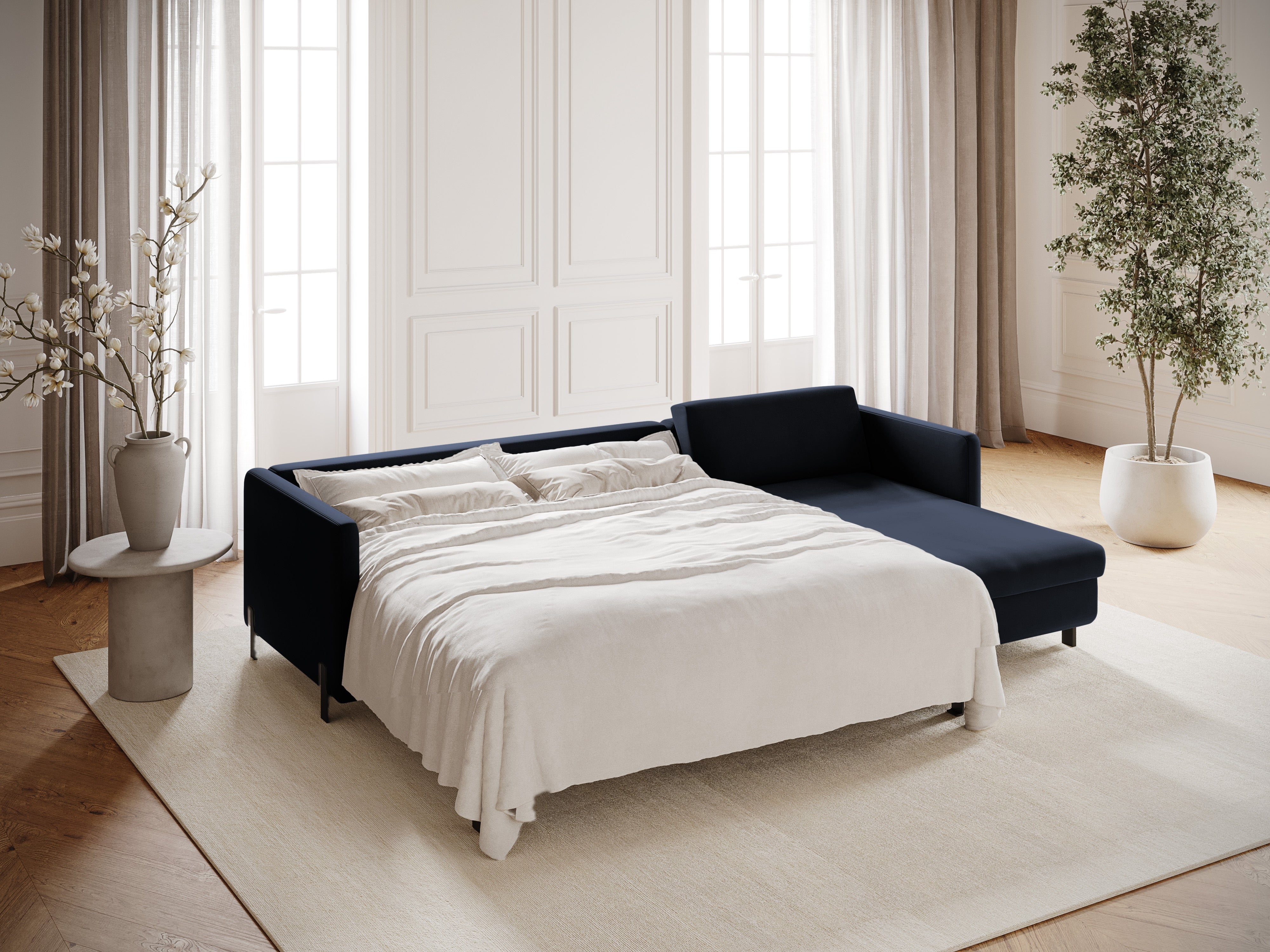 Right-facing velvet corner sofa with sleeping function GLORIA royal blue