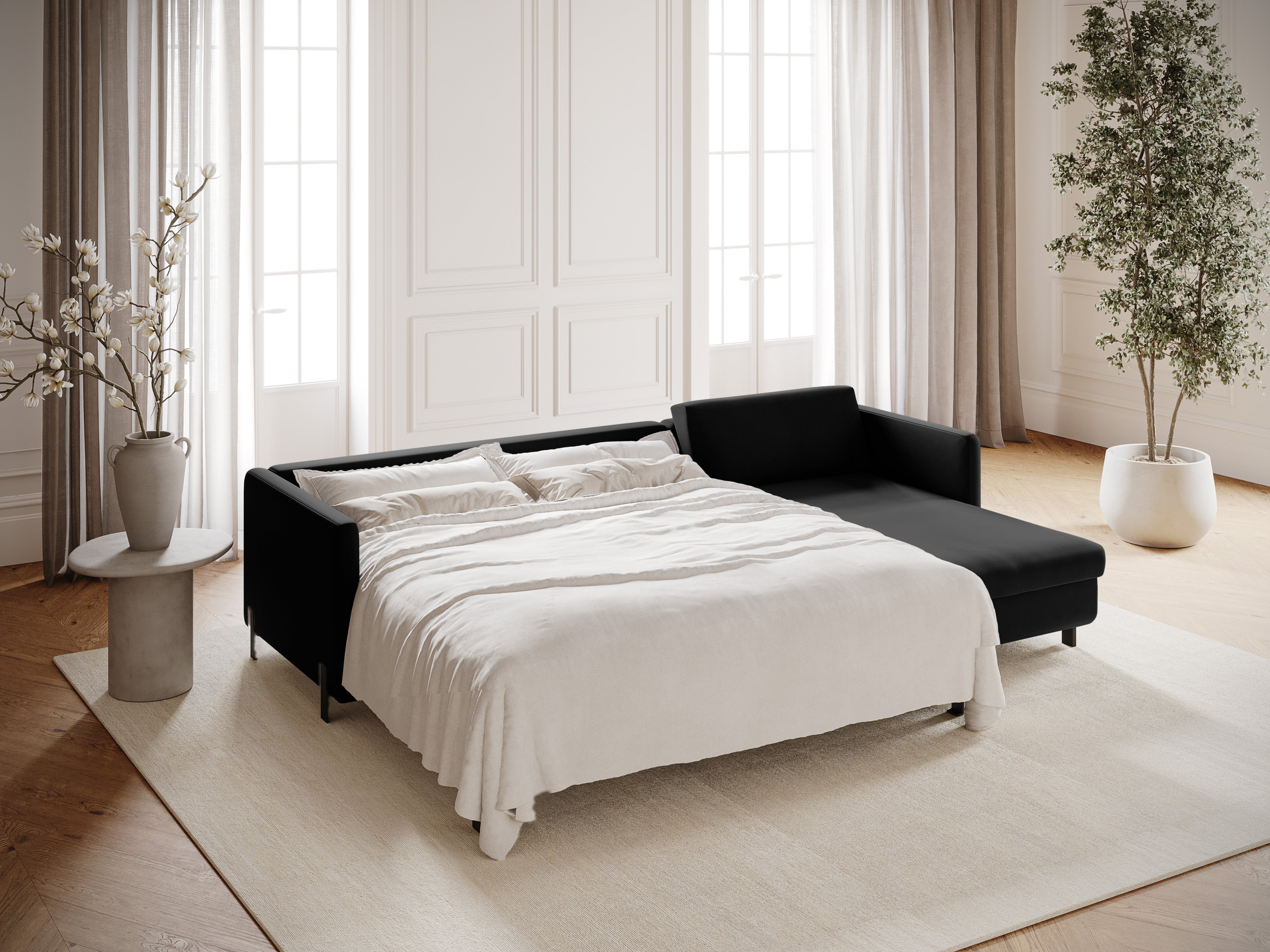 Black velvet right-sided corner sofa bed GLORIA