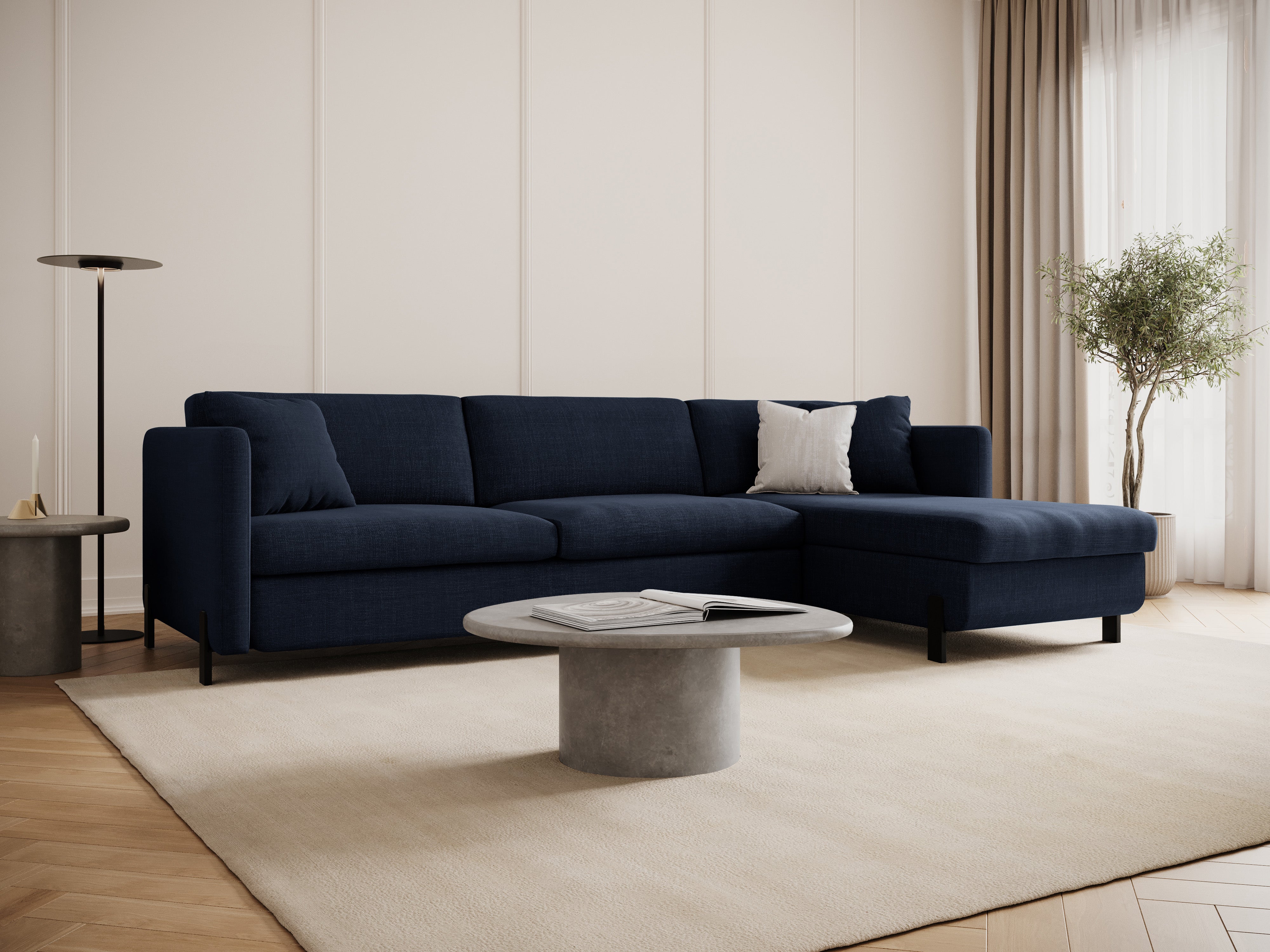 Right-facing corner sofa for 4 people with sleeping function GLORIA blue chenille