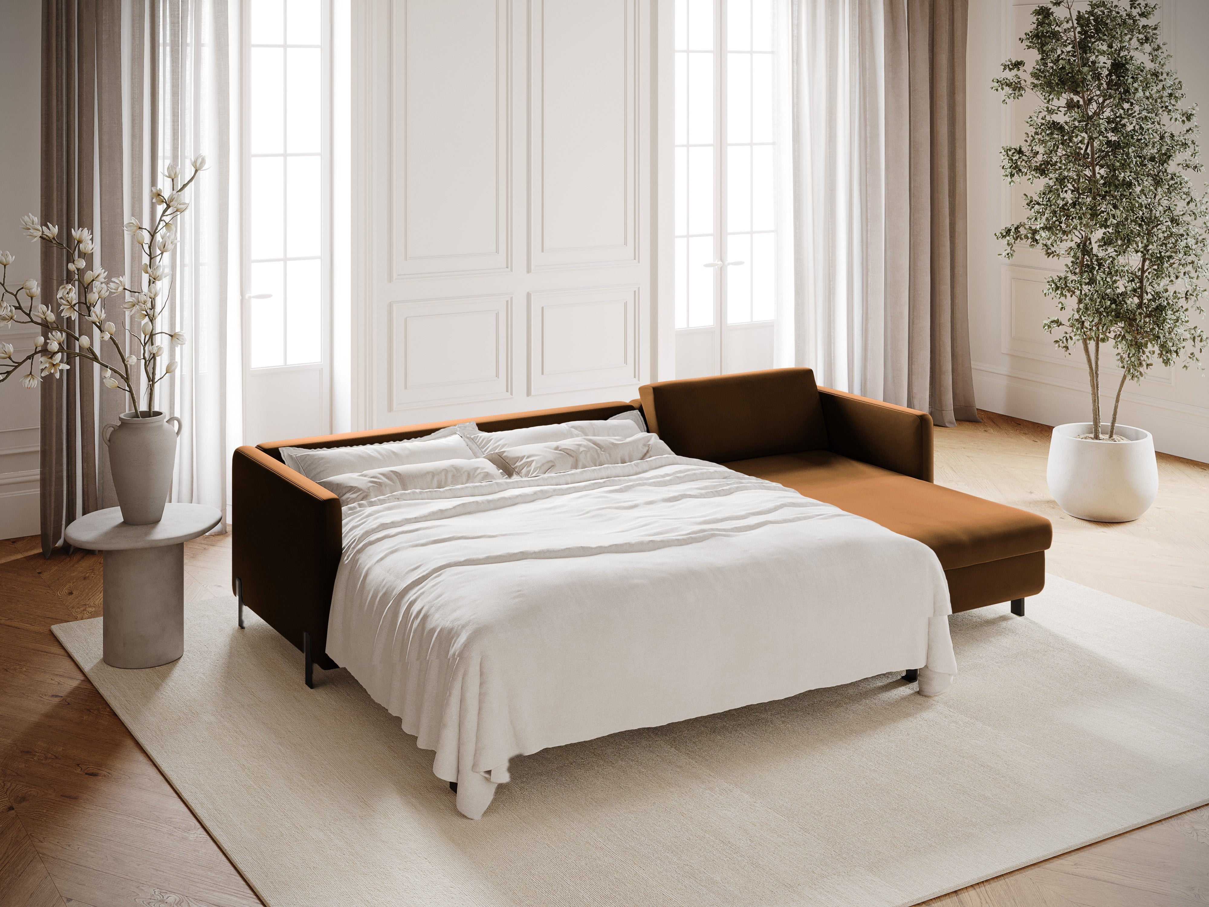 Brown velvet right-facing corner sofa for 4 people with sleeping function GLORIA