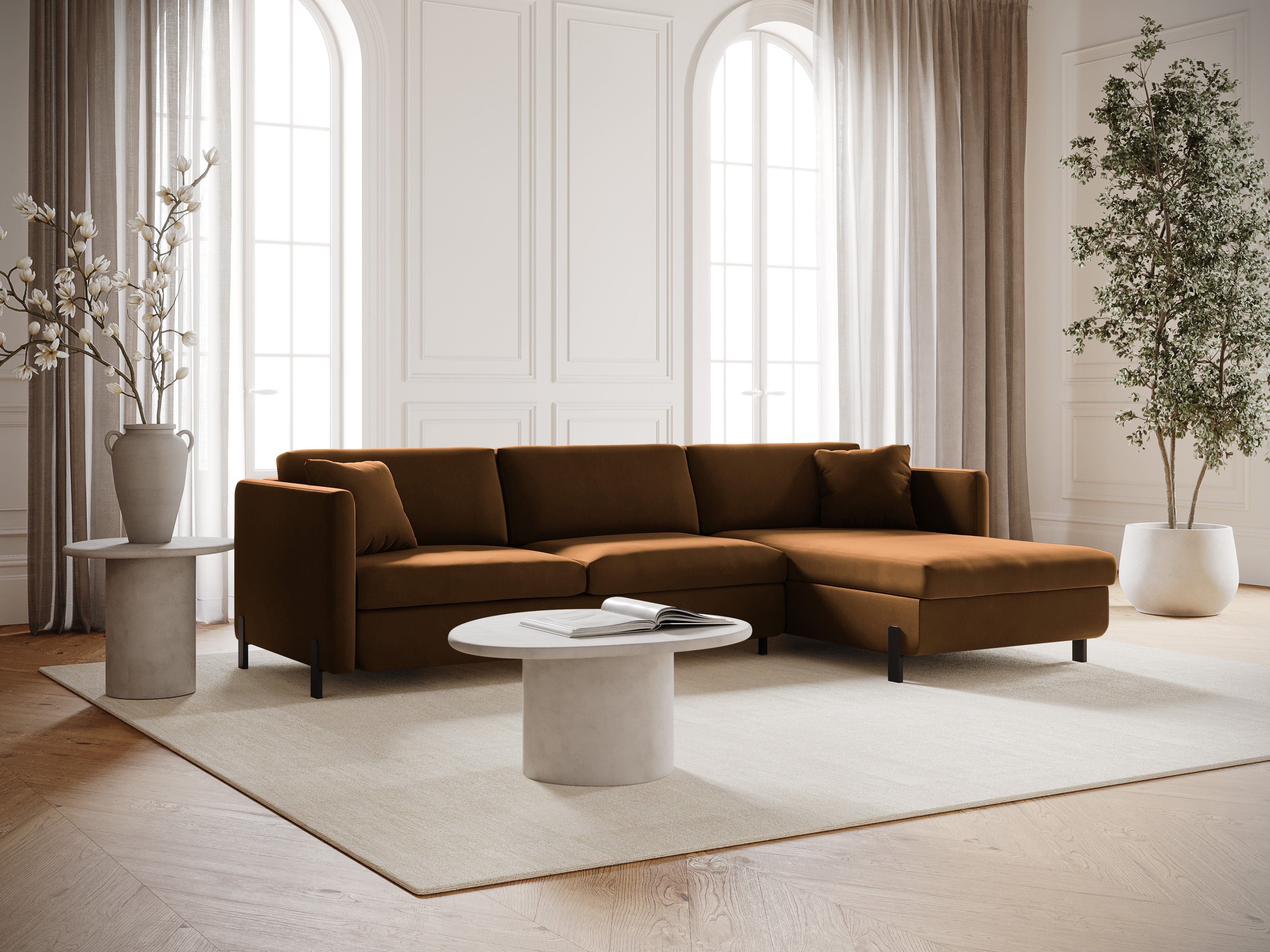 Brown velvet right-facing corner sofa for 4 people with sleeping function GLORIA