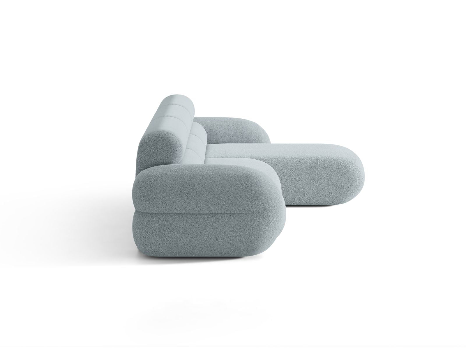 Rechtsseitige Eckcouch NEO in himmelblauem Boucle