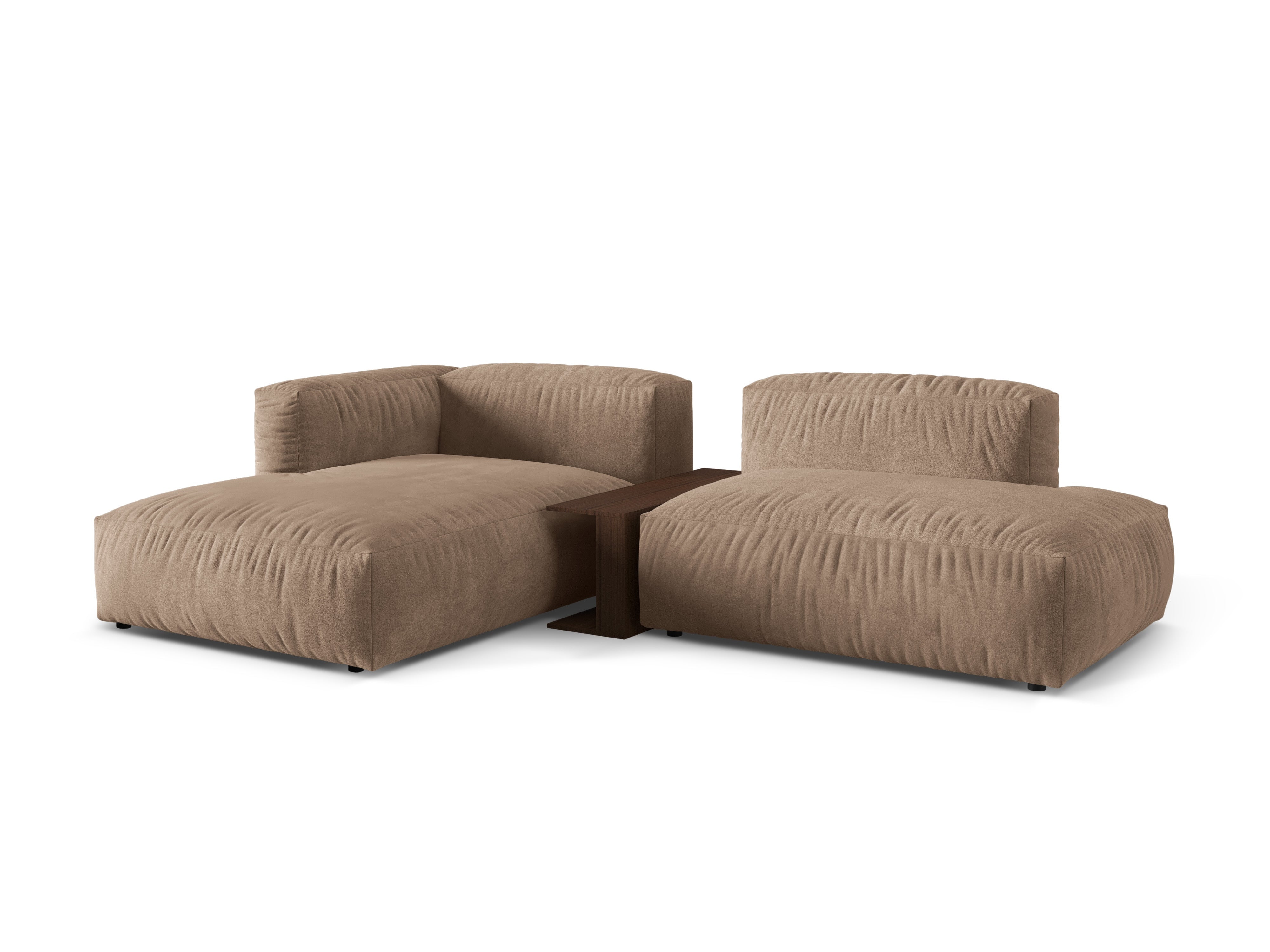 Links -Hand -Samtecke mit einem dunklen beige Martin -Tisch