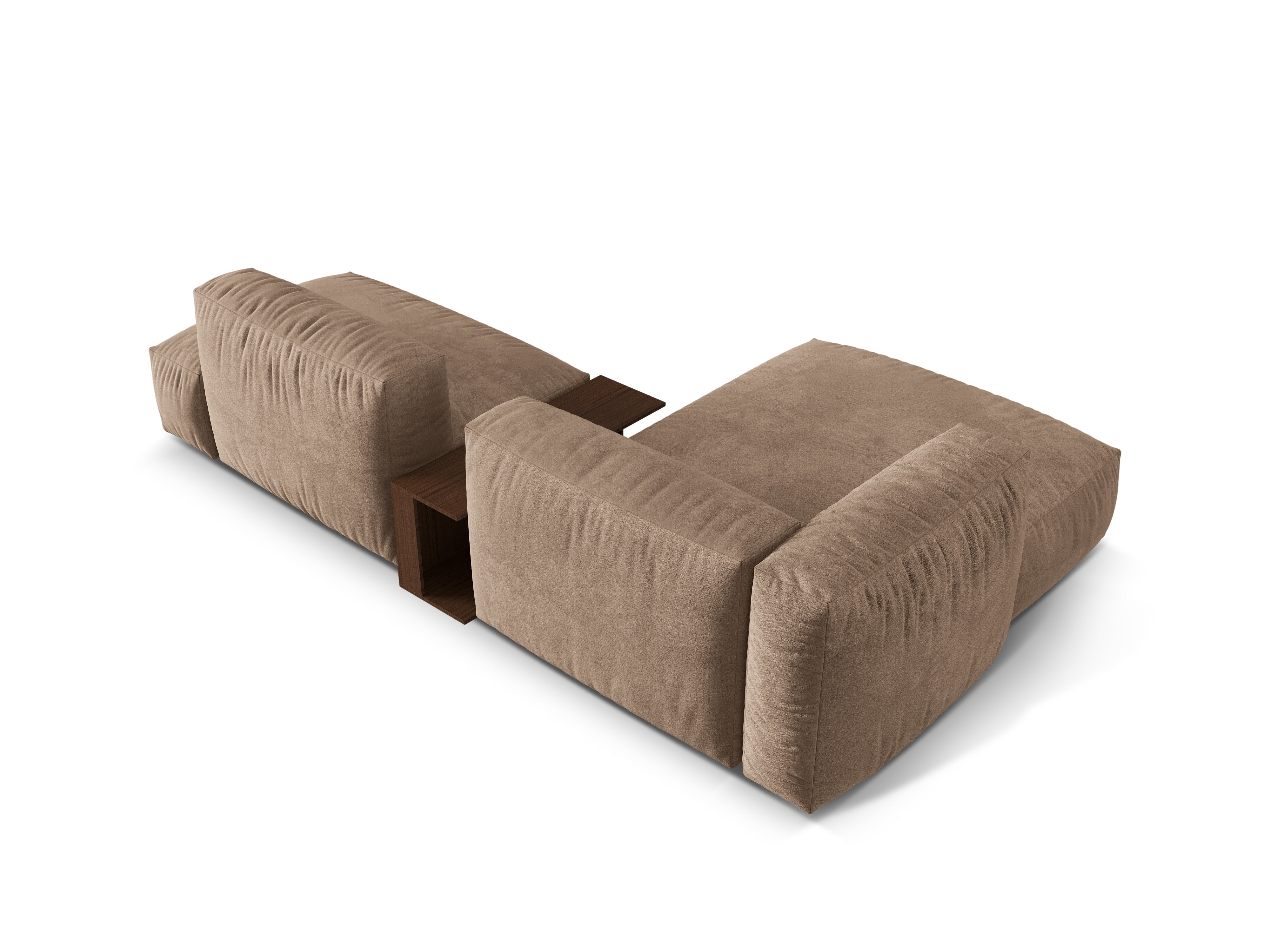 Links -Hand -Samtecke mit einem dunklen beige Martin -Tisch