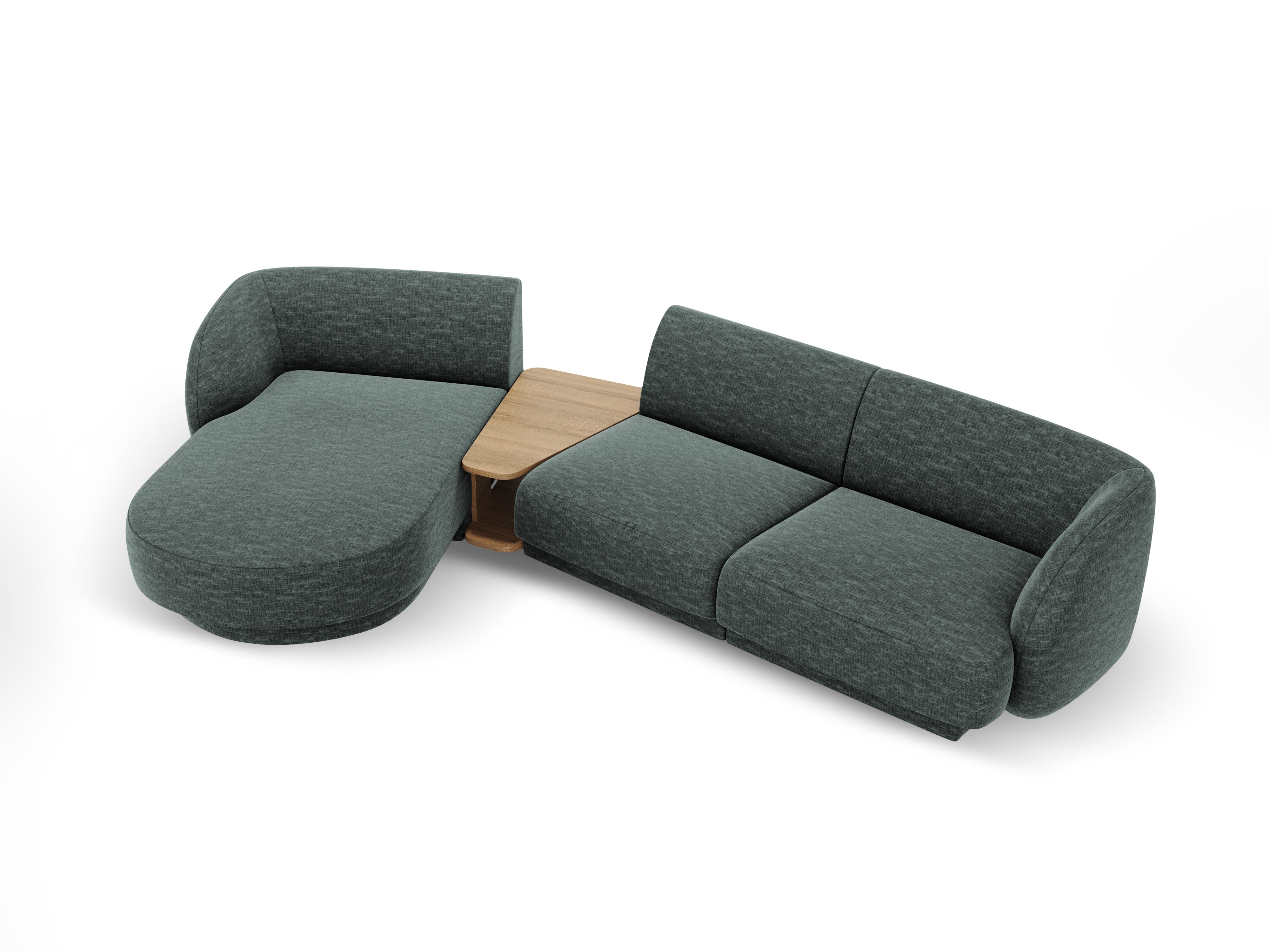 Modular corner sofa with table 3-seater left-sided MILEY petrol silky chenille